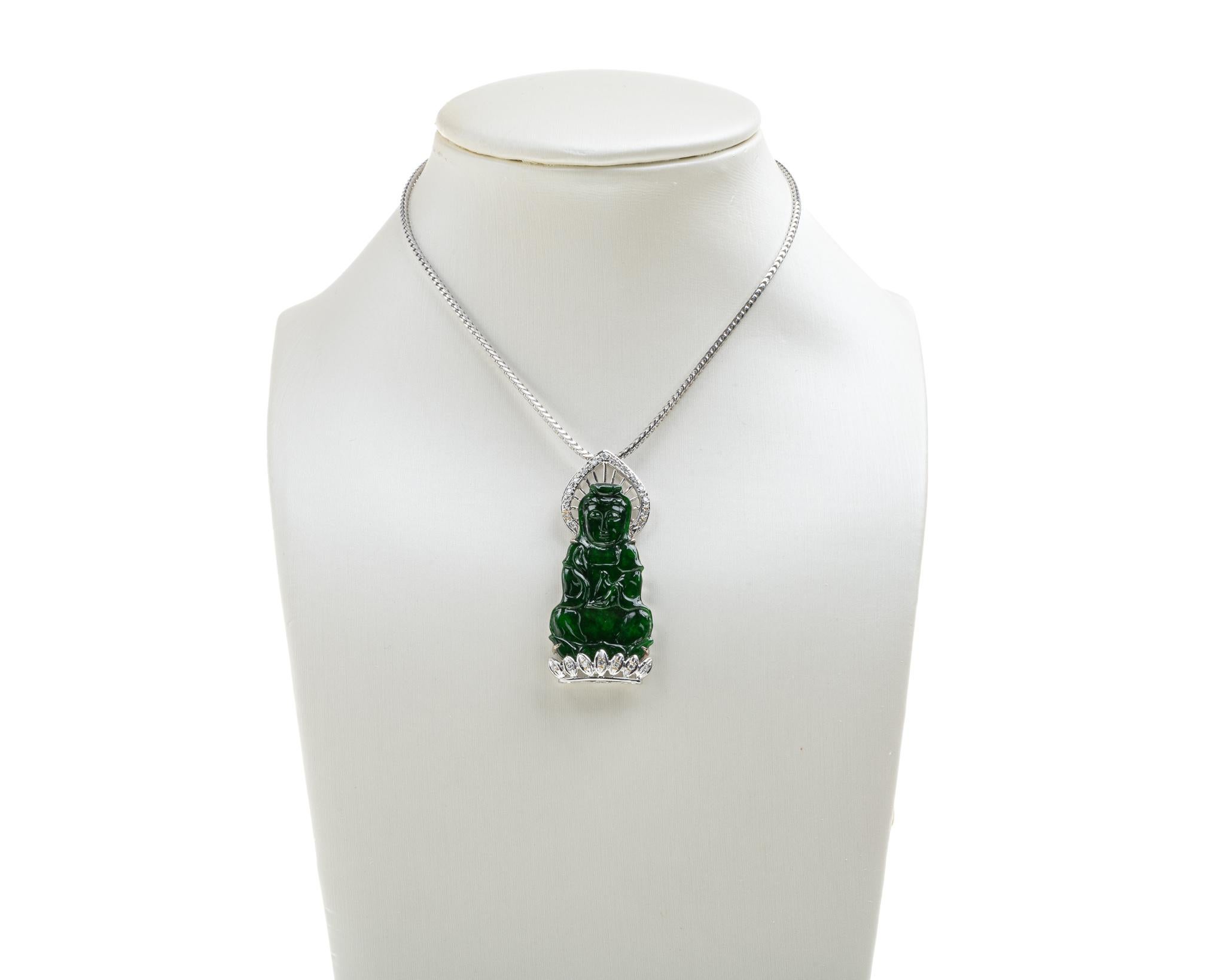 Contemporary Imperial Jadeite Jade Quan Yin and Diamond Pendant, Certified Untreated For Sale
