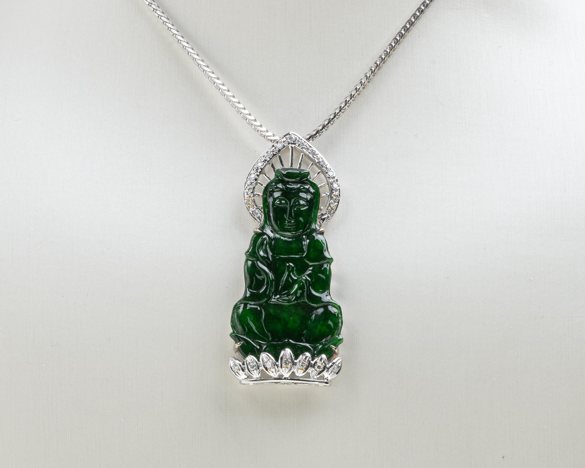 Rough Cut Imperial Jadeite Jade Quan Yin and Diamond Pendant, Certified Untreated For Sale