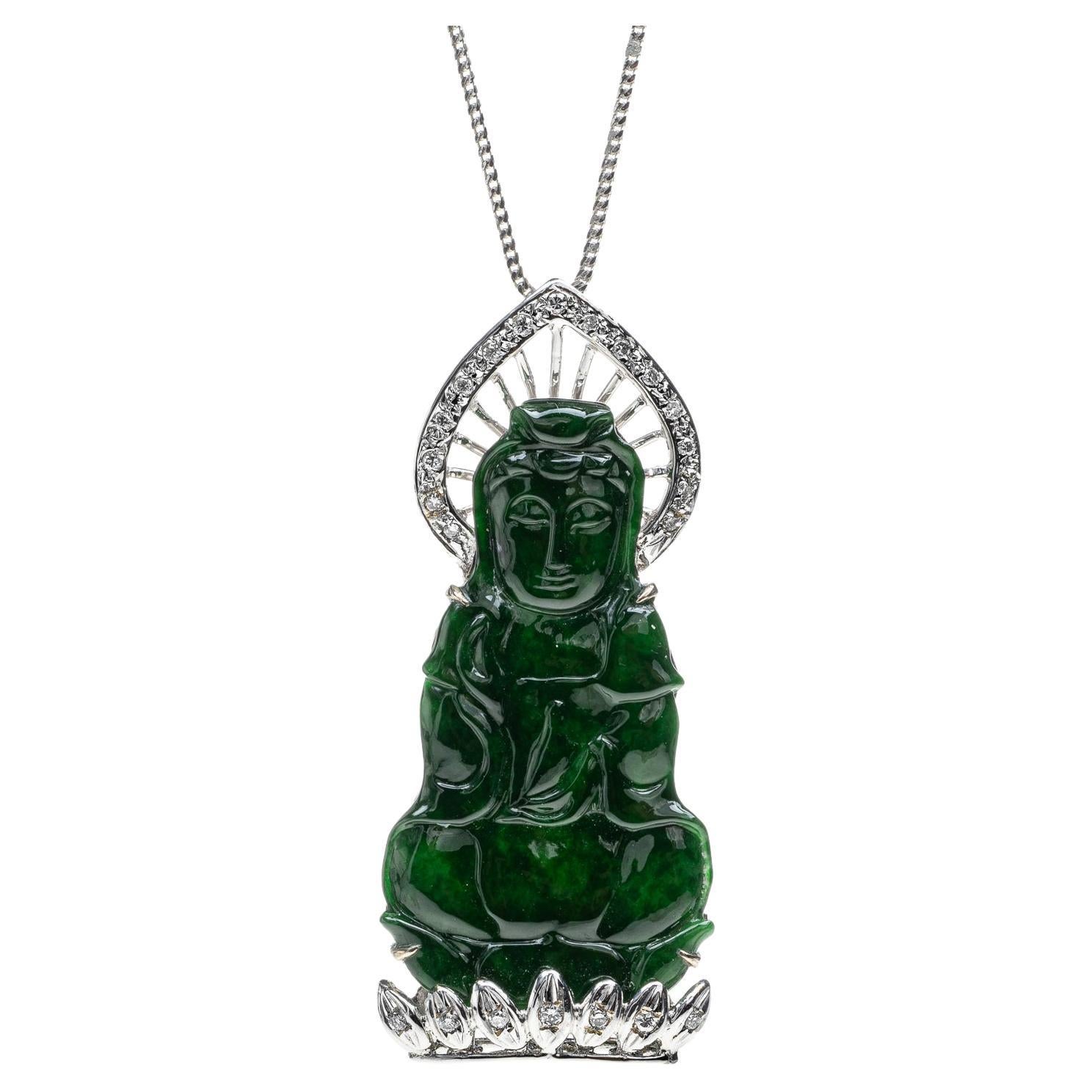 Imperial Jadeite Jade Quan Yin and Diamond Pendant, Certified Untreated For Sale