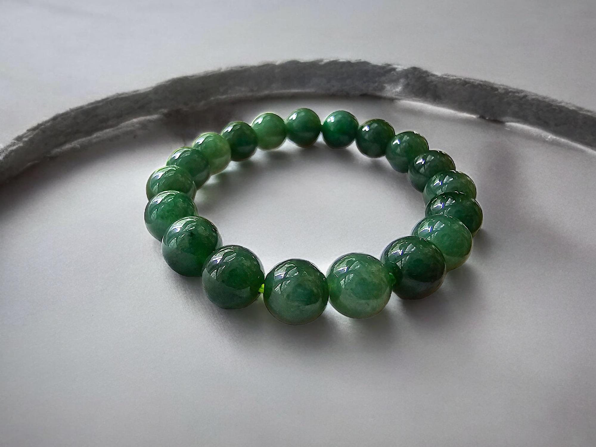 Ball Cut Imperial Japanese Green Burmese A-Jadeite Beaded Bracelet (MADE IN JAPAN) 10.5mm For Sale