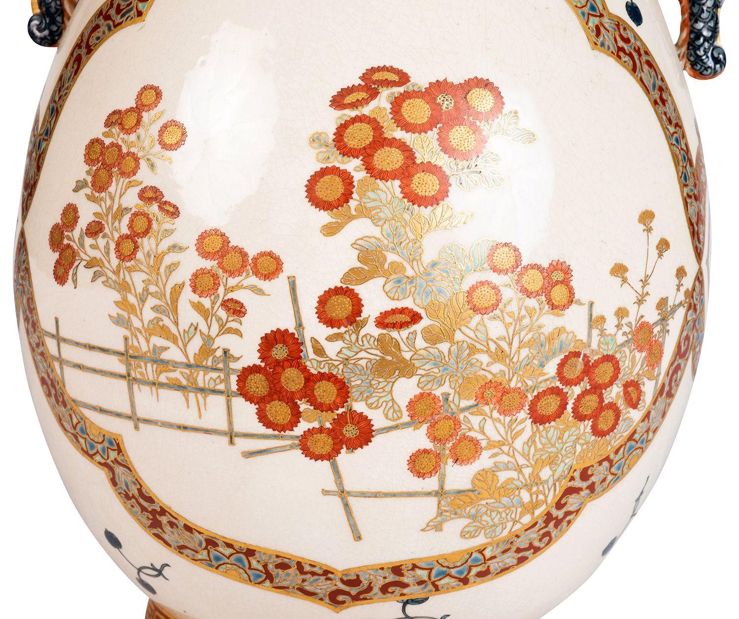 Hand-Painted Imperial Japanese Satsuma two handle vase, Meiji period. For Sale
