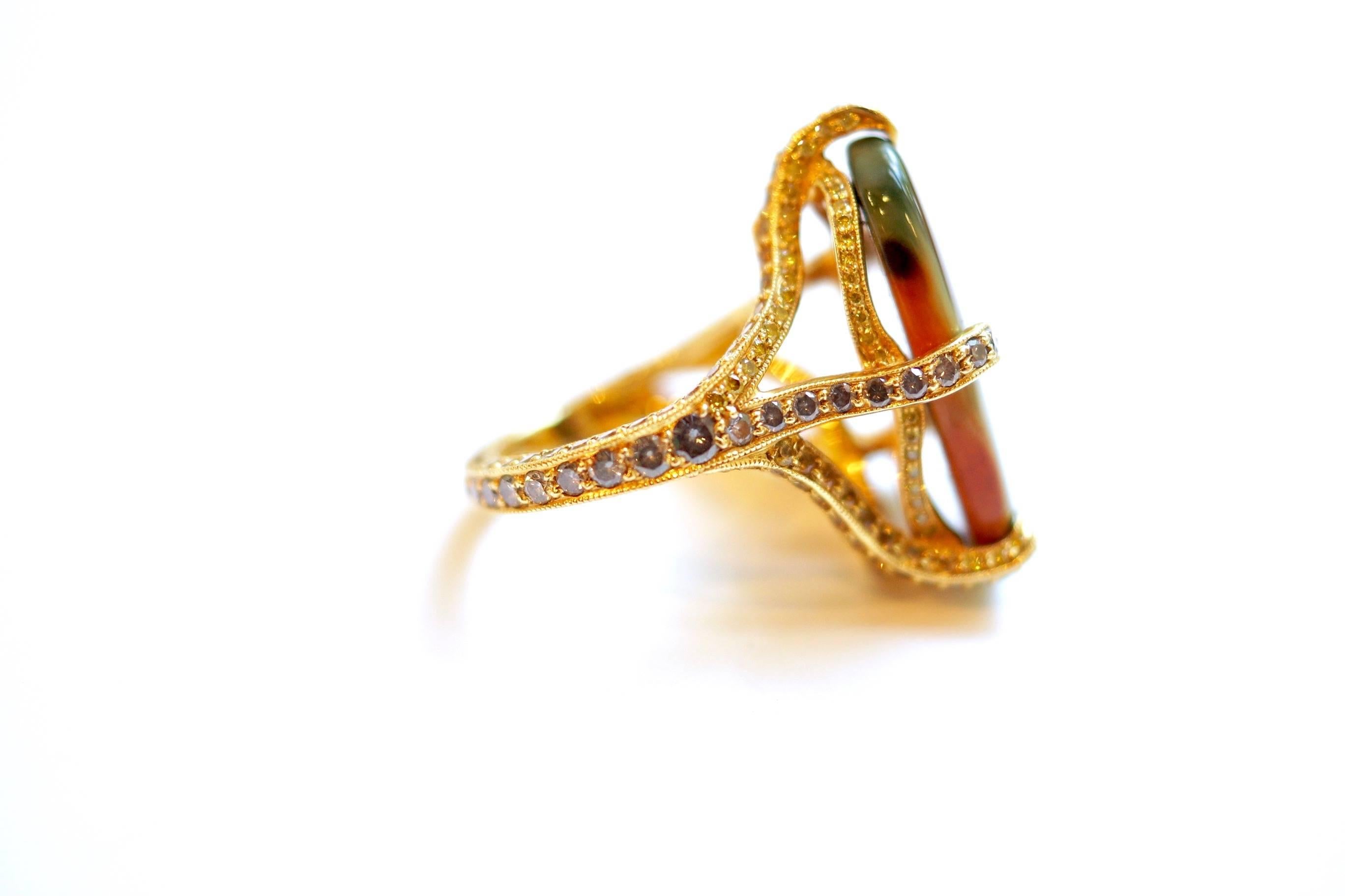 18 Karat Yellow Gold Imperial Jasper, Multicolored Gemstones and Diamond Ring In New Condition For Sale In Great Neck, NY