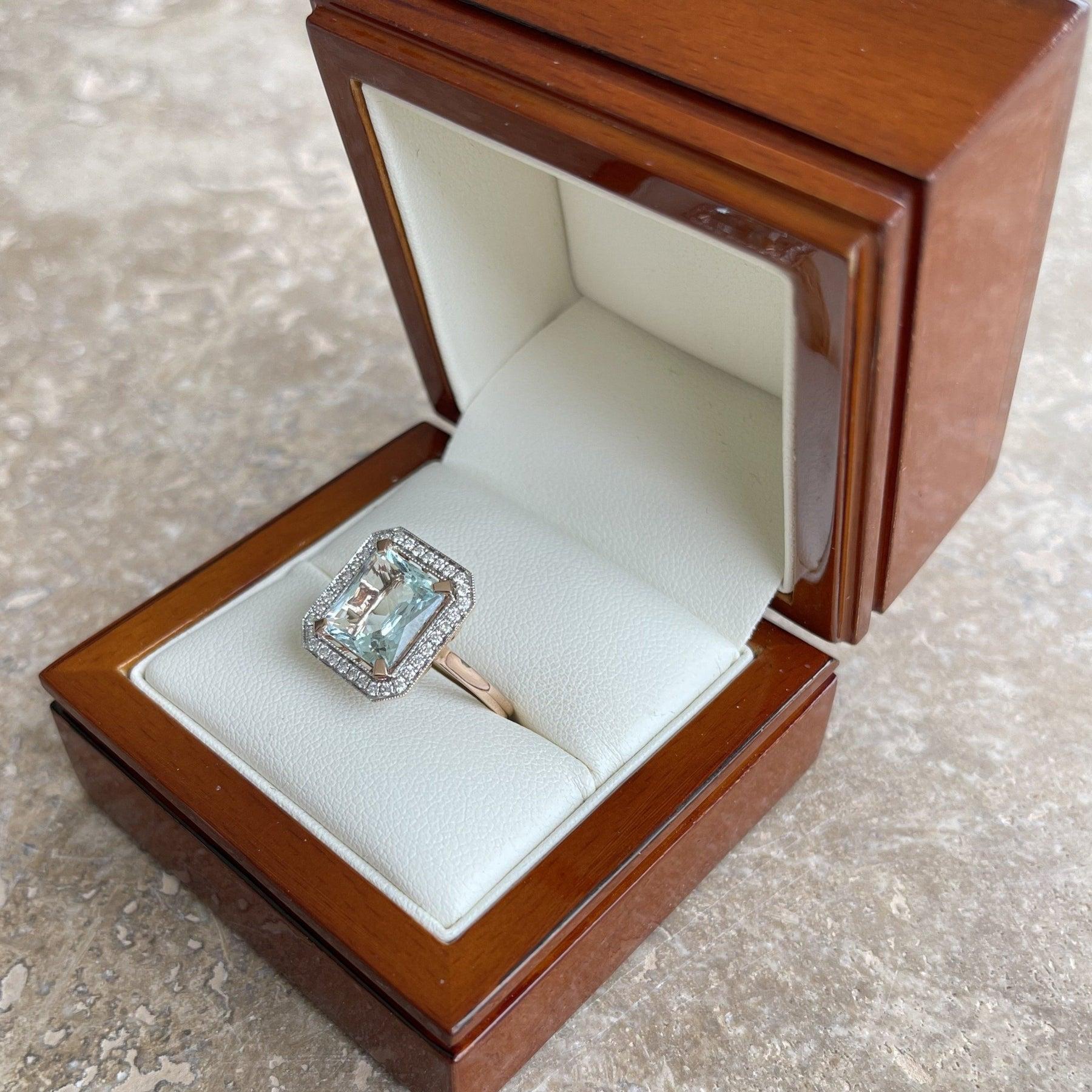 For Sale:  14ct Rose Gold Ring with 3.44ct Aquamarine and Diamond 9