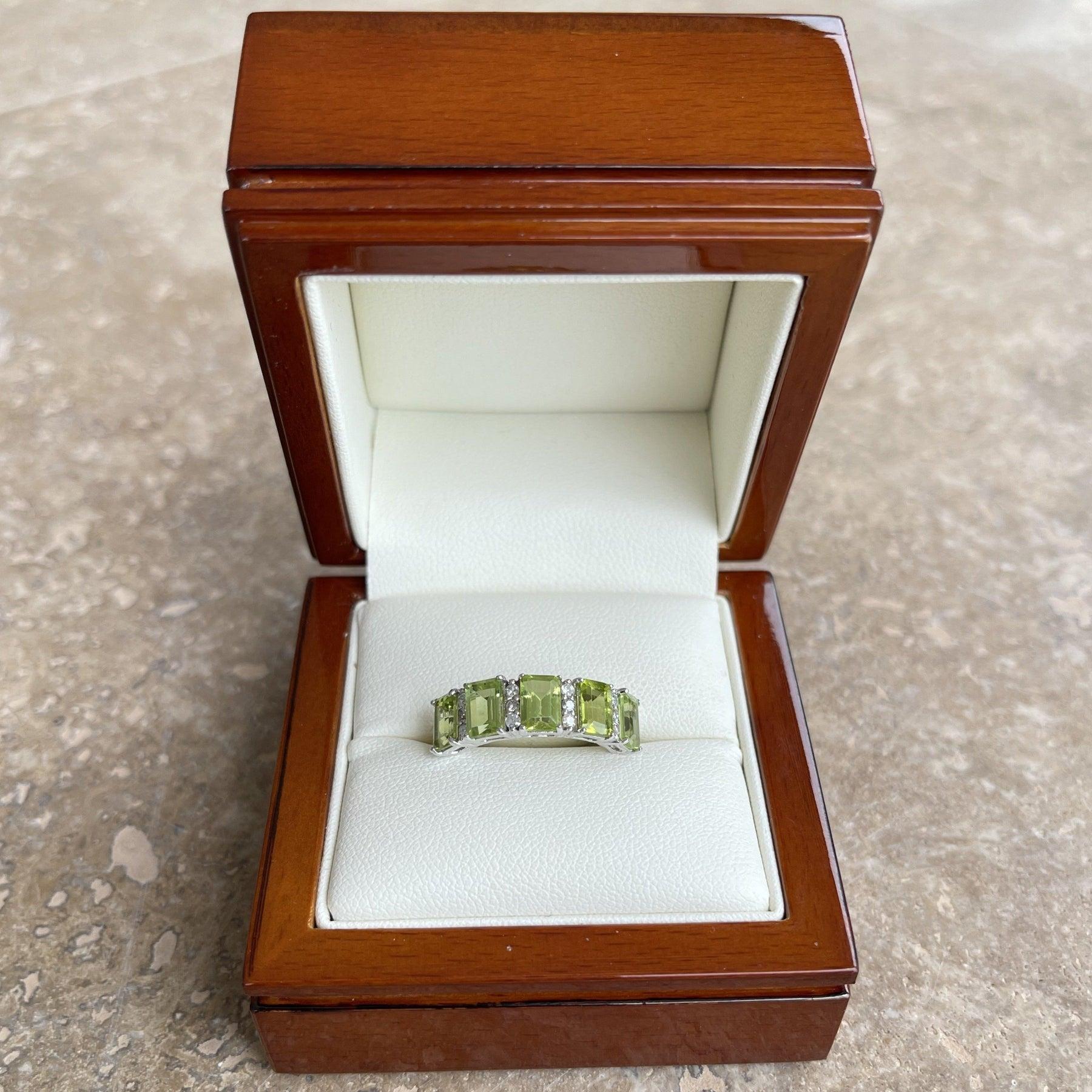 For Sale:  14ct White Gold 5 Stone Peridot and Diamond Ring 9