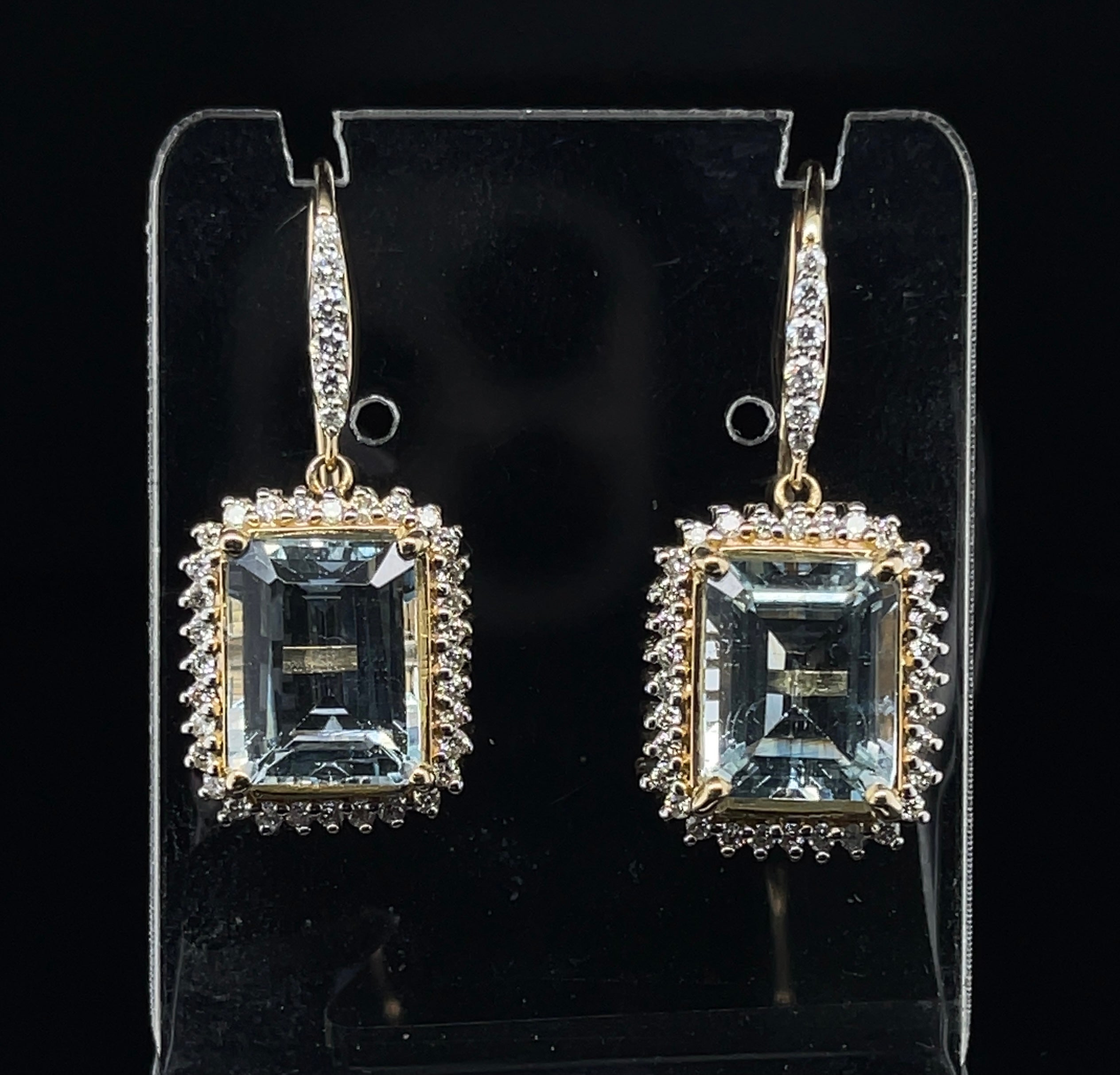 Emerald Cut Imperial Jewels 14ct Yellow Gold Aquamarine and Diamond Earrings For Sale