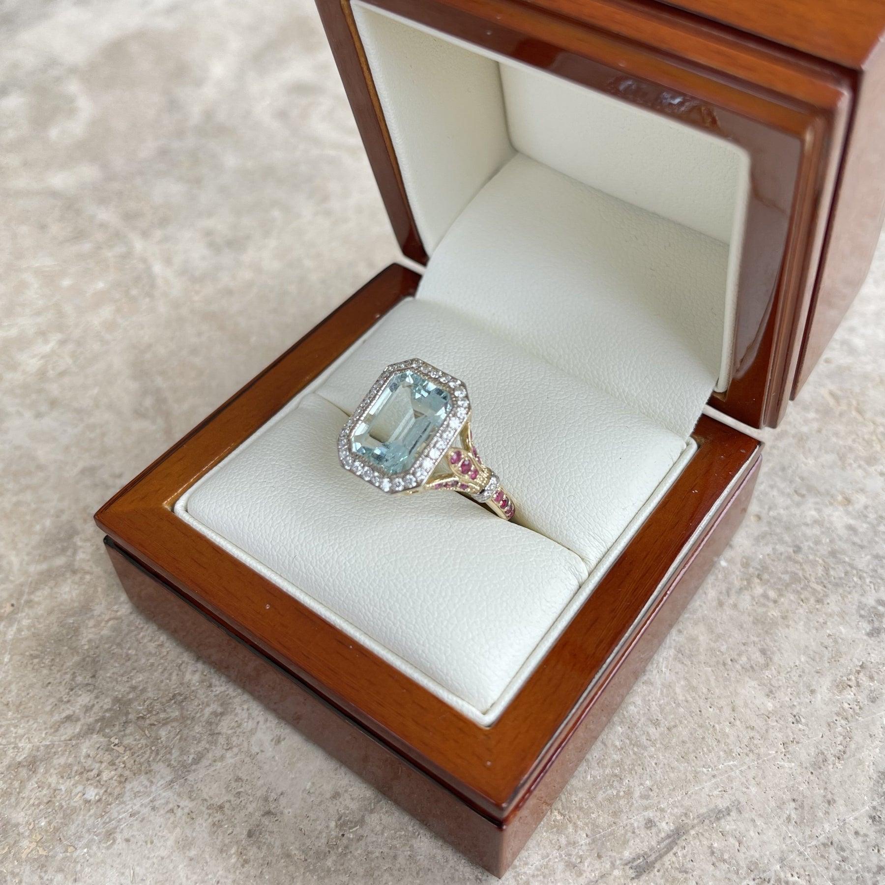 For Sale:  14ct Yellow Gold Aquamarine, Ruby and Diamond Ring 9