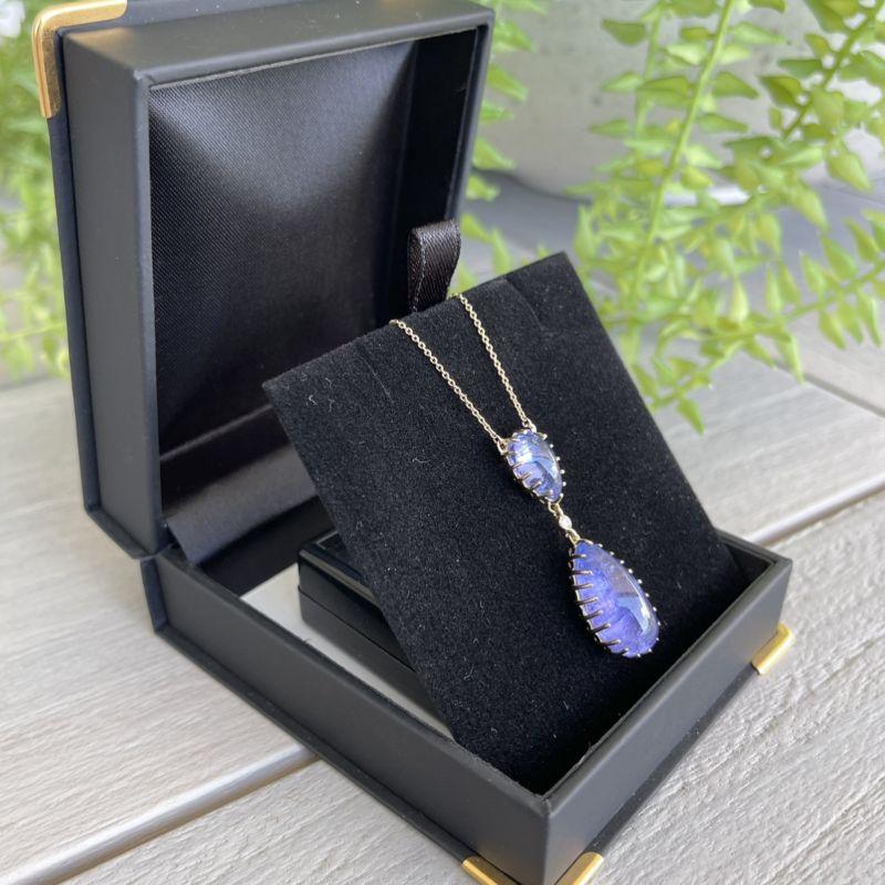 Pear Cut 14ct Yellow Gold Double Drop Tanzanite Pendant Necklace For Sale