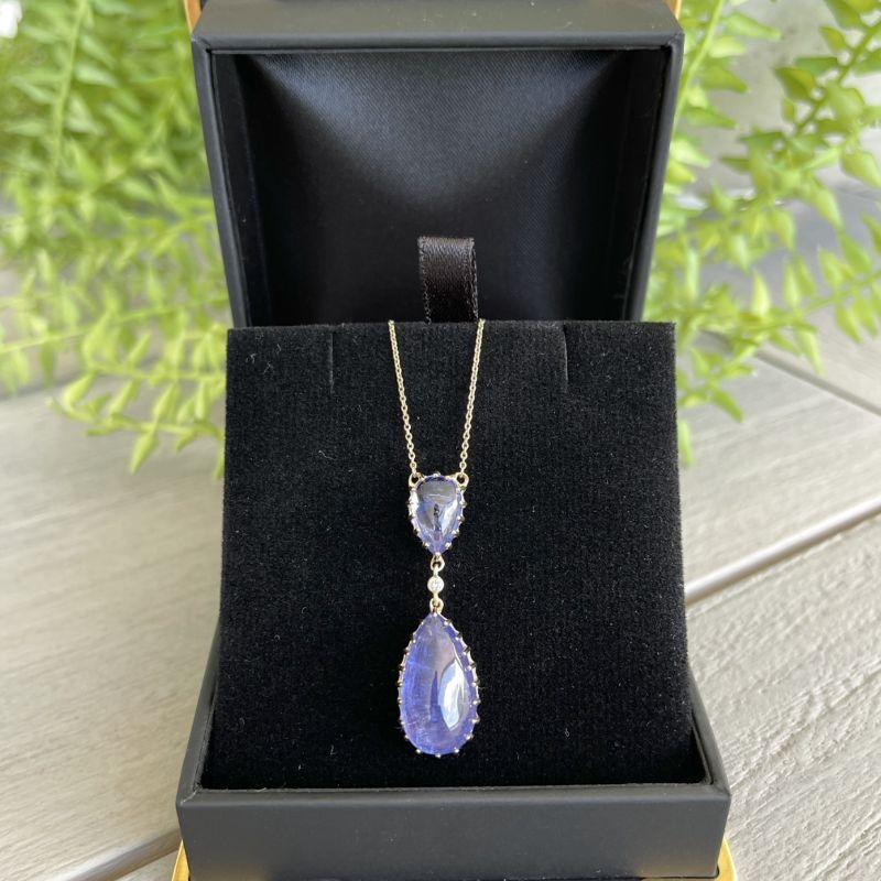 14ct Yellow Gold Double Drop Tanzanite Pendant Necklace In New Condition For Sale In Sydney, NSW