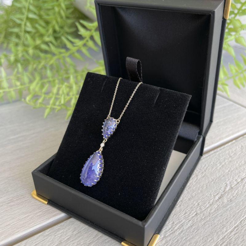 Women's 14ct Yellow Gold Double Drop Tanzanite Pendant Necklace For Sale