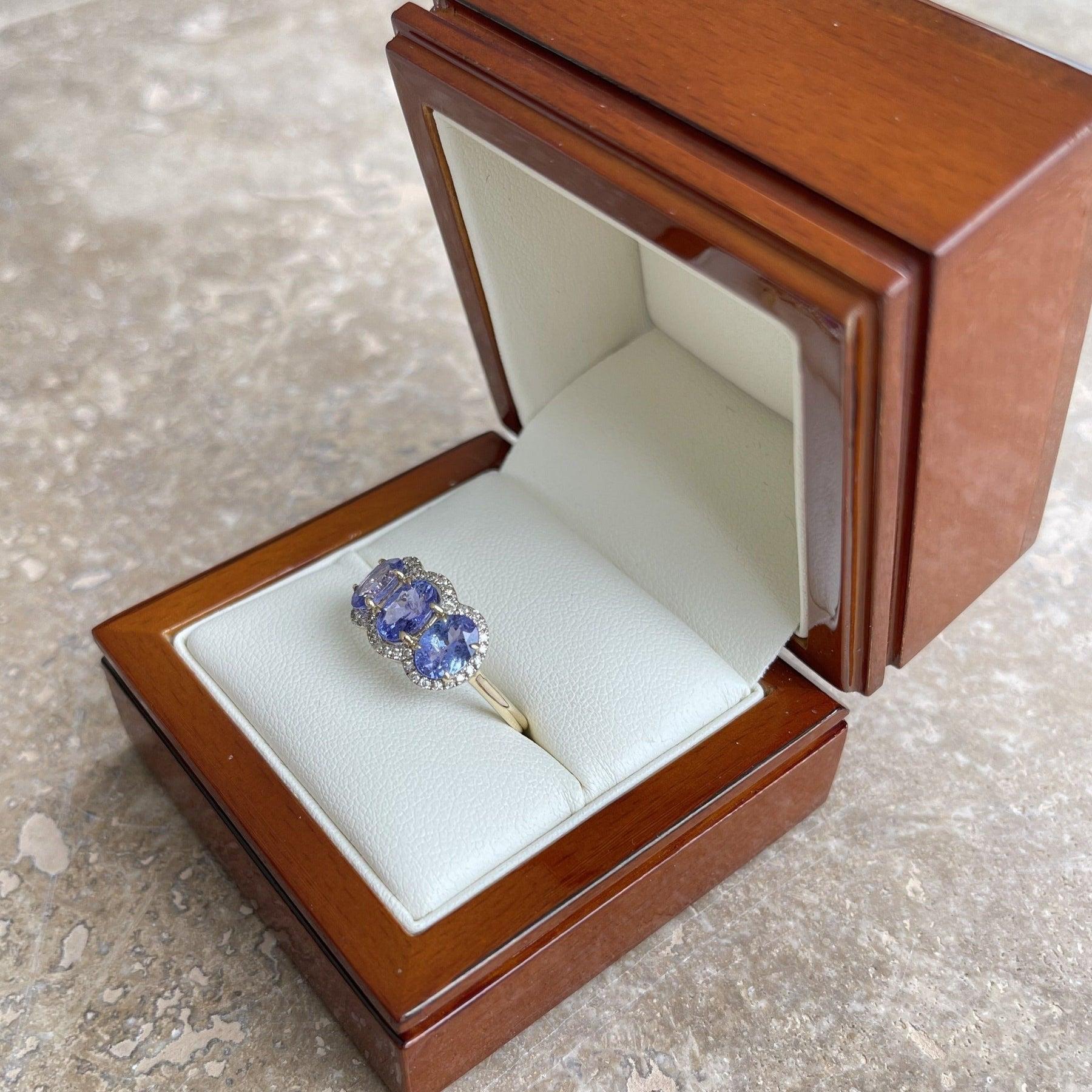 For Sale:  14ct Yellow Gold Tanzanite and Diamond Trilogy Ring 9