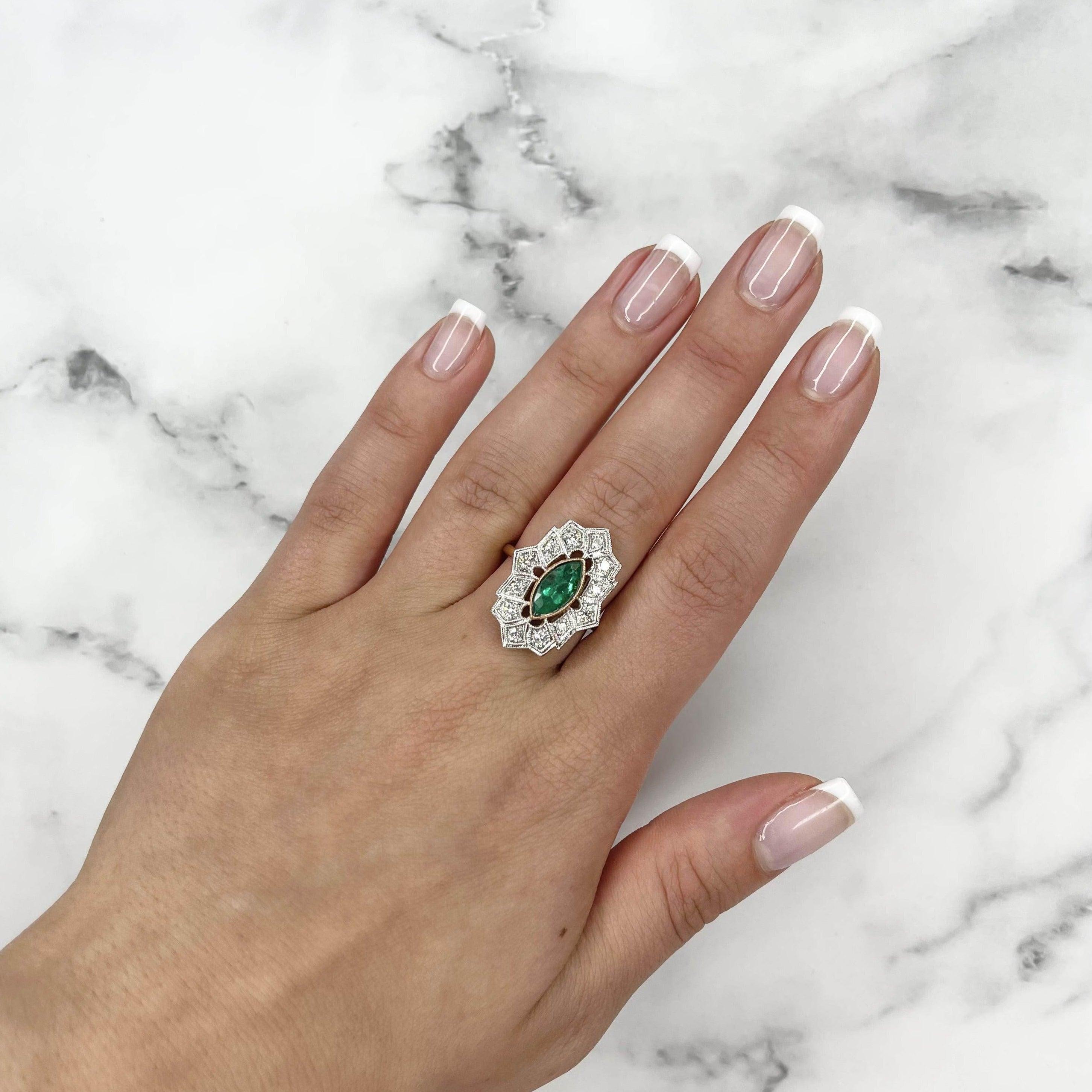 For Sale:  18ct Rose Gold Colombian Marquise Emerald and Diamond Ring 5