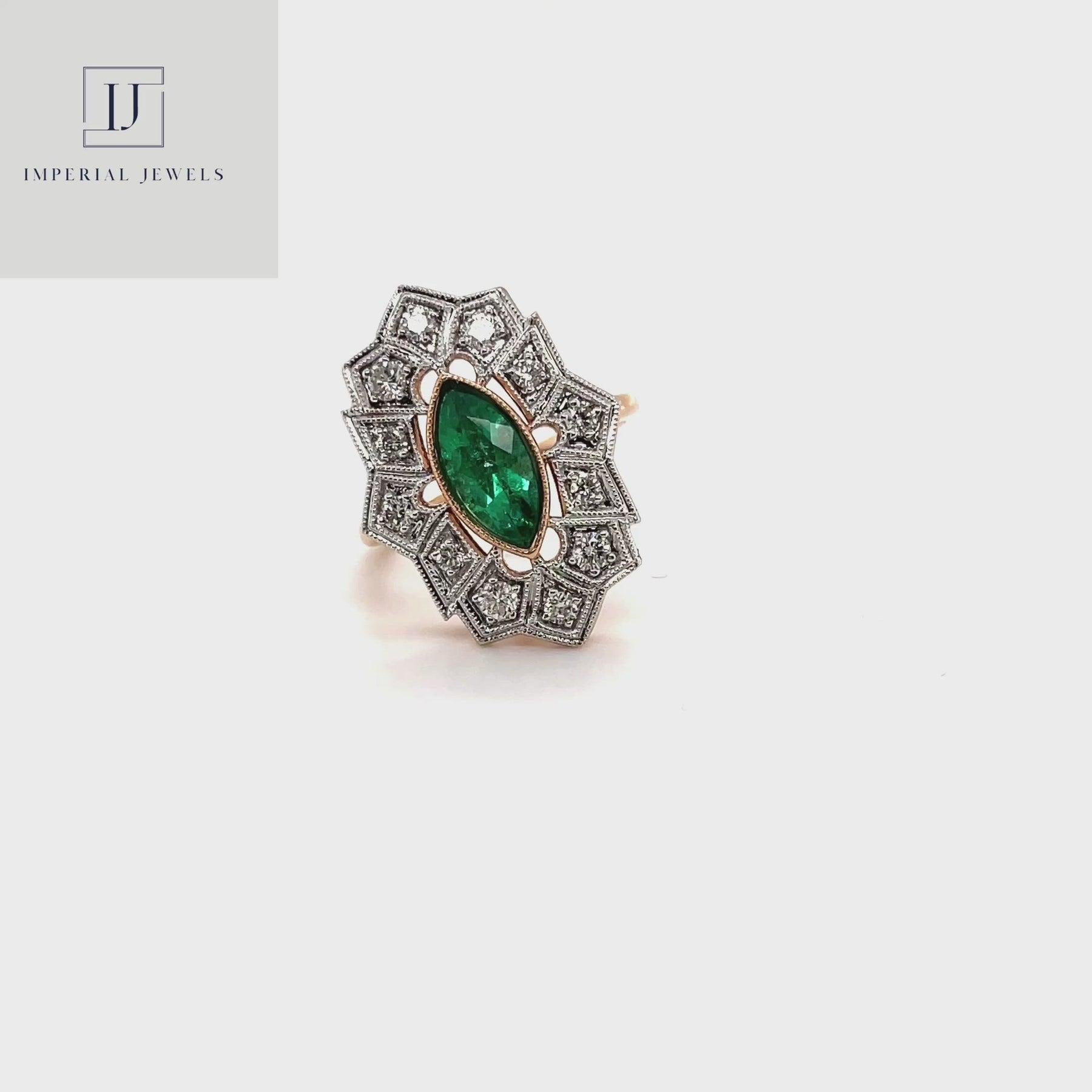 For Sale:  18ct Rose Gold Colombian Marquise Emerald and Diamond Ring 6
