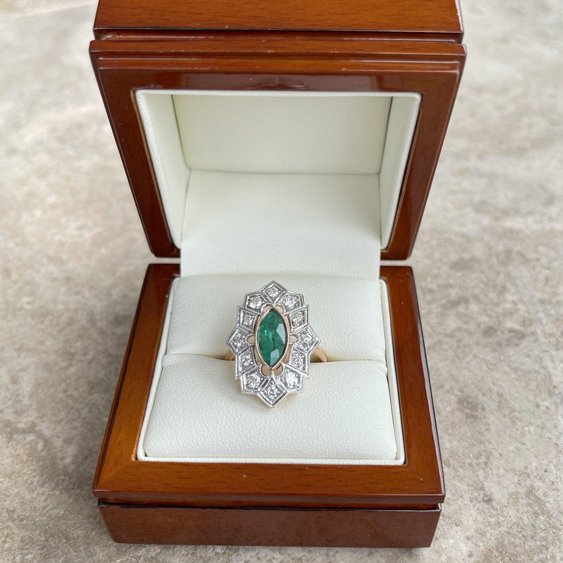 For Sale:  18ct Rose Gold Colombian Marquise Emerald and Diamond Ring 7