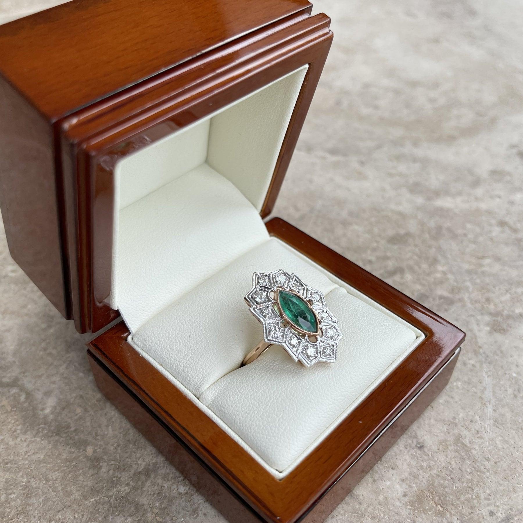 For Sale:  18ct Rose Gold Colombian Marquise Emerald and Diamond Ring 8