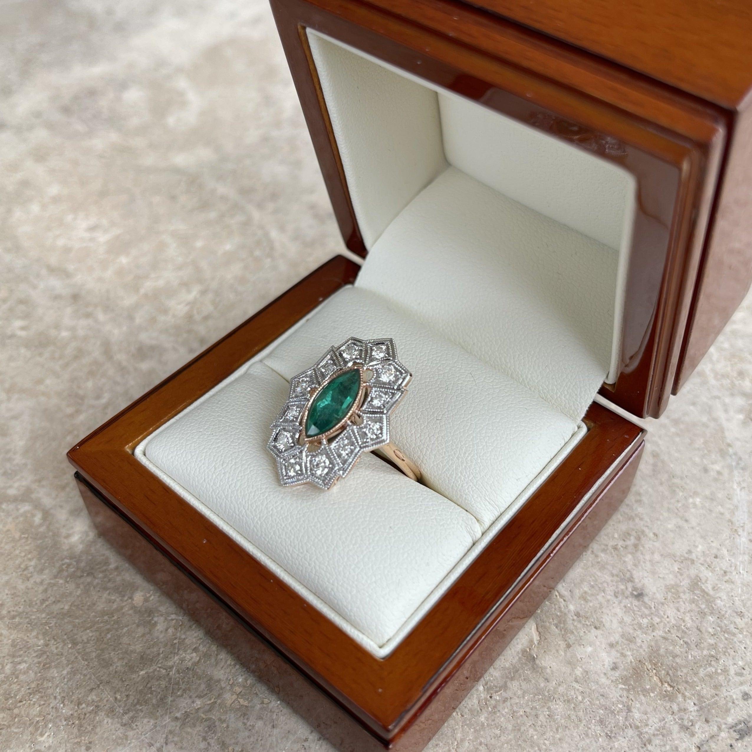 For Sale:  18ct Rose Gold Colombian Marquise Emerald and Diamond Ring 9