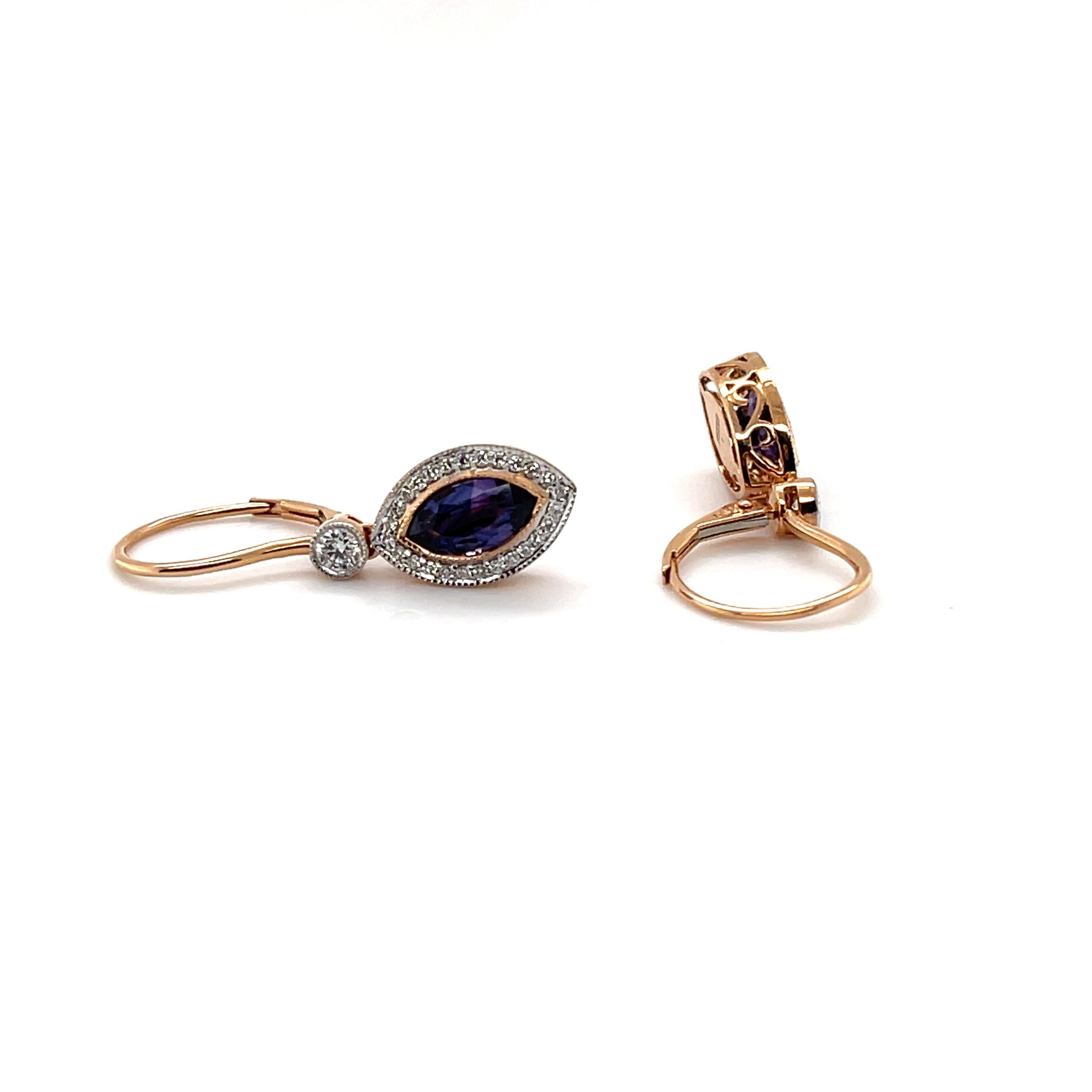 Contemporary Imperial Jewels 18ct Rose Gold (No Heat) Marquise Purple Sapphire Earrings For Sale