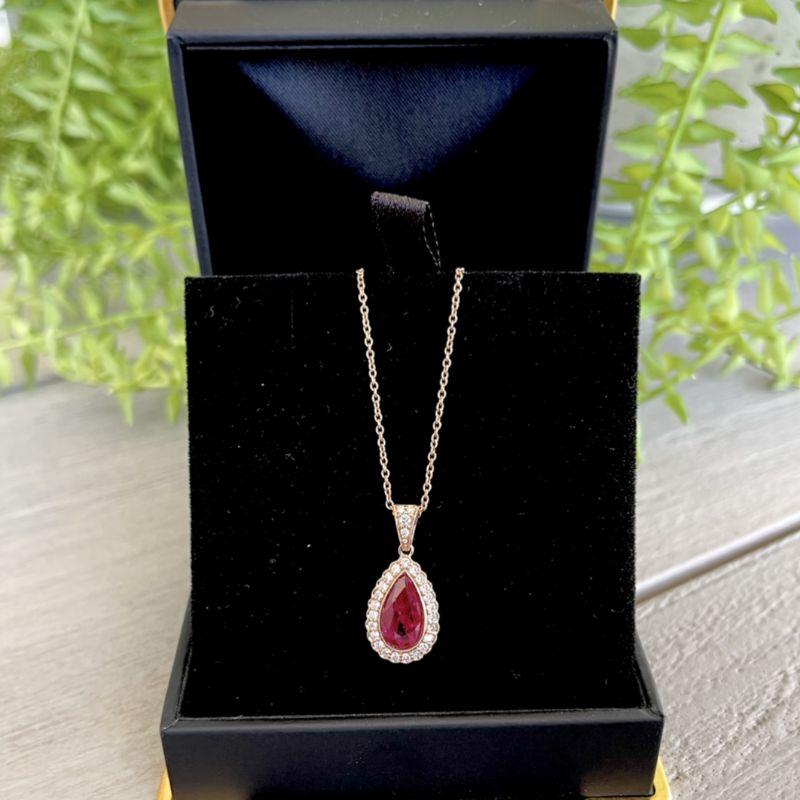 Pear Cut 18ct Rose Gold 'No Heat' Ruby and Diamond Necklace and Pendant For Sale