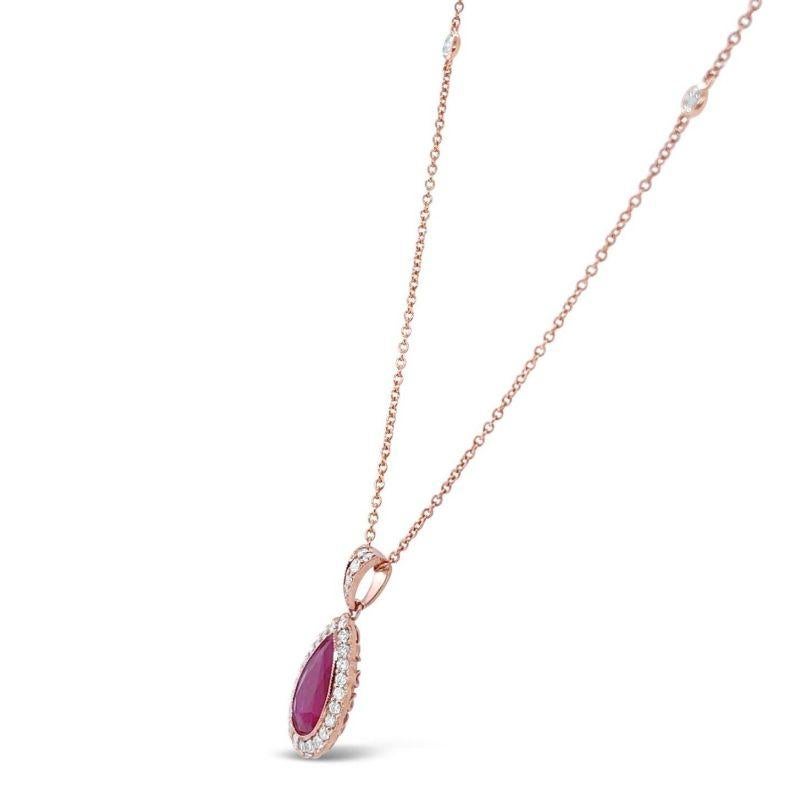 A stunningly crafted 18CT Rose Gold Pear cut, Natural, No Heat Ruby and Round brilliant cut diamonds on a beautifully designed rose gold and diamond embedded necklace. 

Ruby Weight: 1.97ct 
Ruby Colour: 