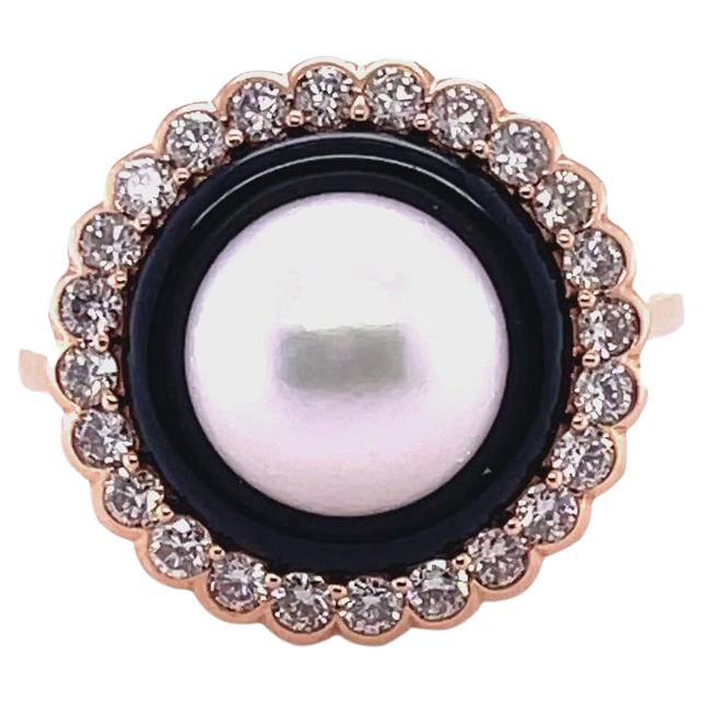 En vente :  Bague en or rose 18 carats, perle et onyx avec diamants 2