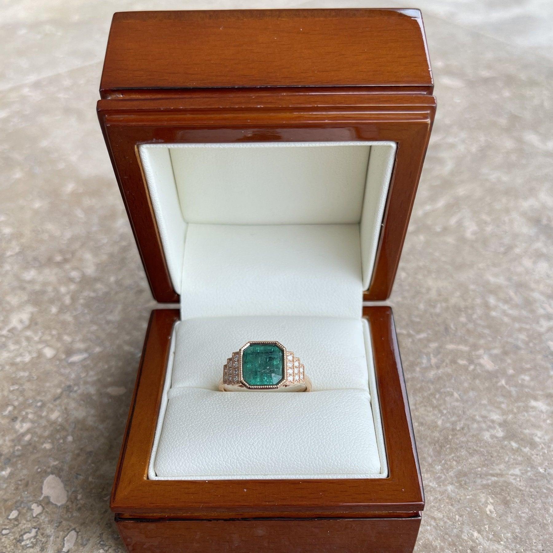 For Sale:  18ct Rose Gold Ring with 2.51ct Emerald and Diamond 8
