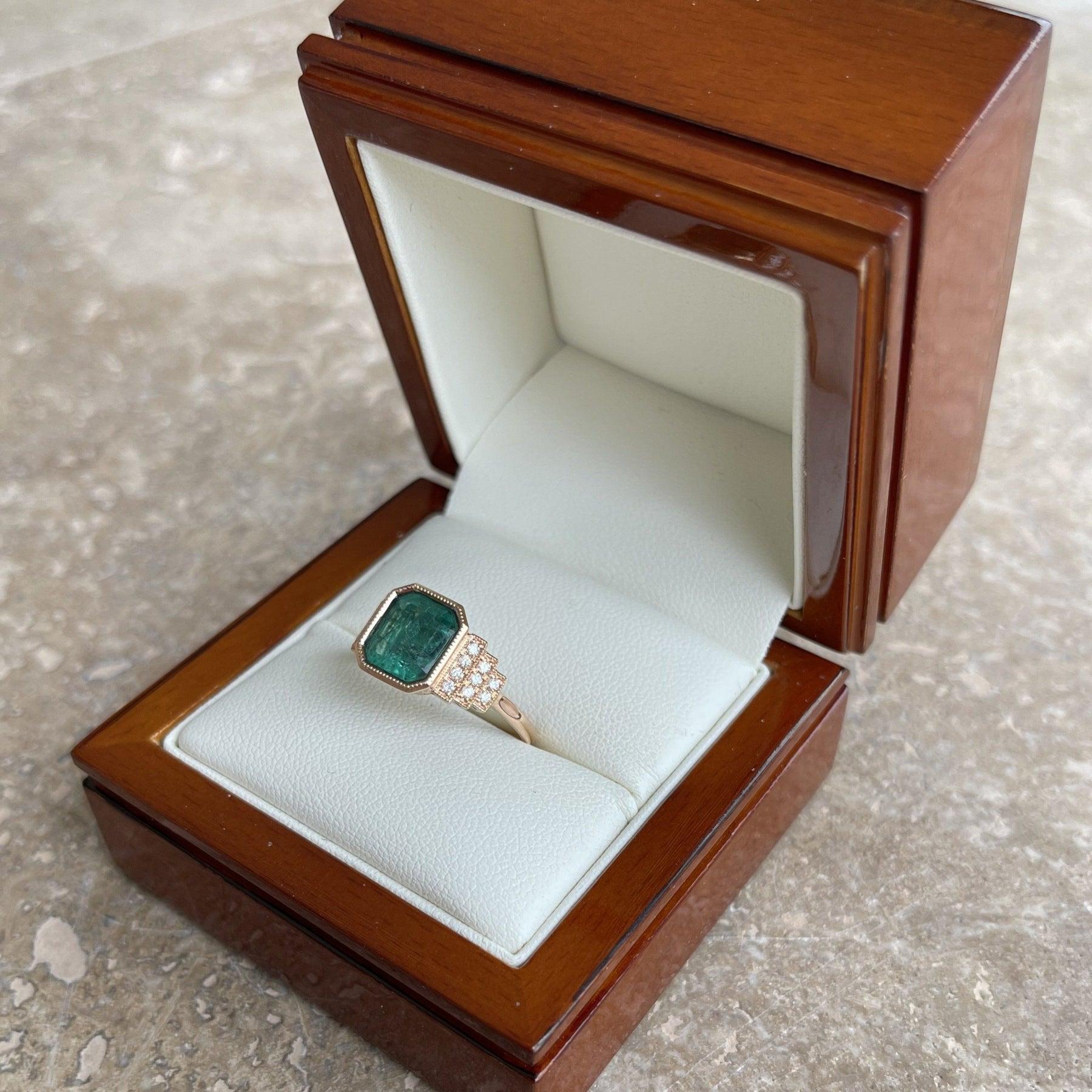 For Sale:  18ct Rose Gold Ring with 2.51ct Emerald and Diamond 9