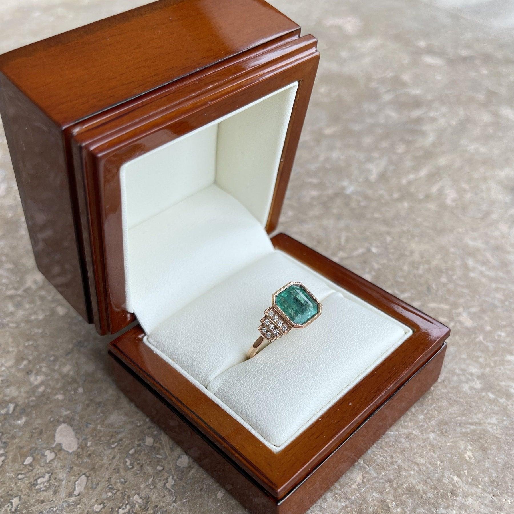For Sale:  18ct Rose Gold Ring with 2.51ct Emerald and Diamond 10