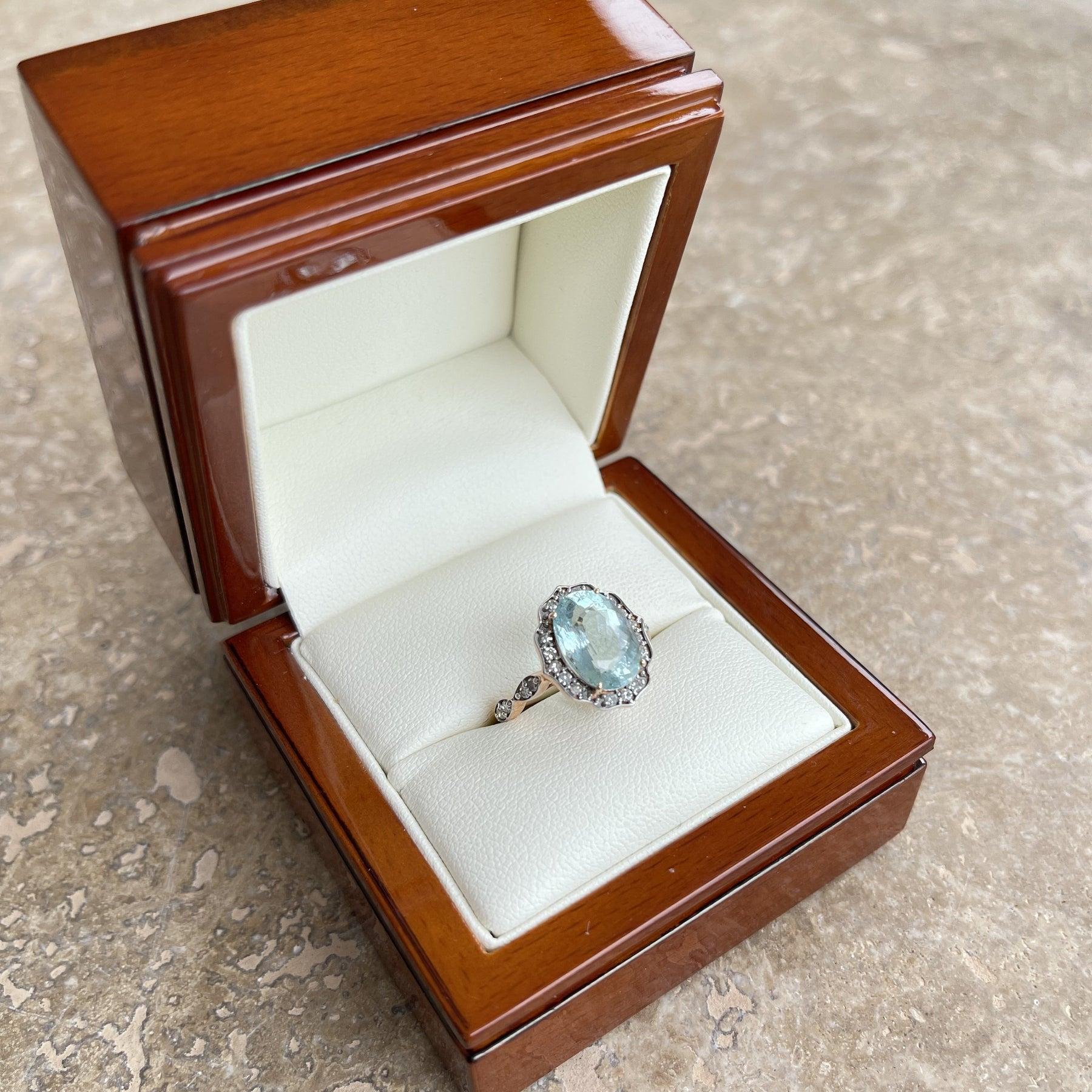 For Sale:  18ct Rose Gold Ring with 3.11ct Aquamarine and Diamond 9