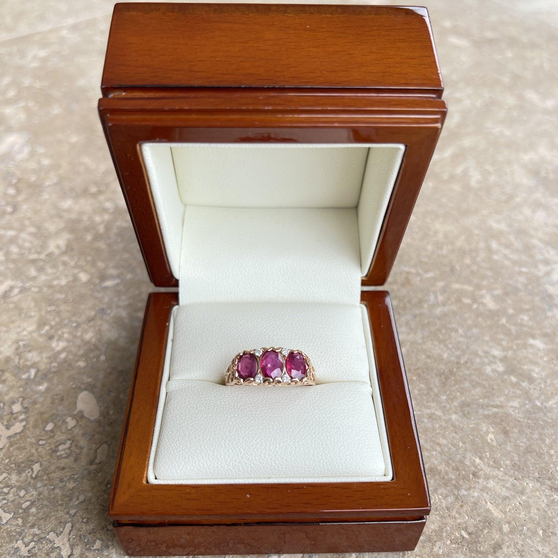 For Sale:  18ct Rose Gold Ruby and Diamond Trilogy Ring 9