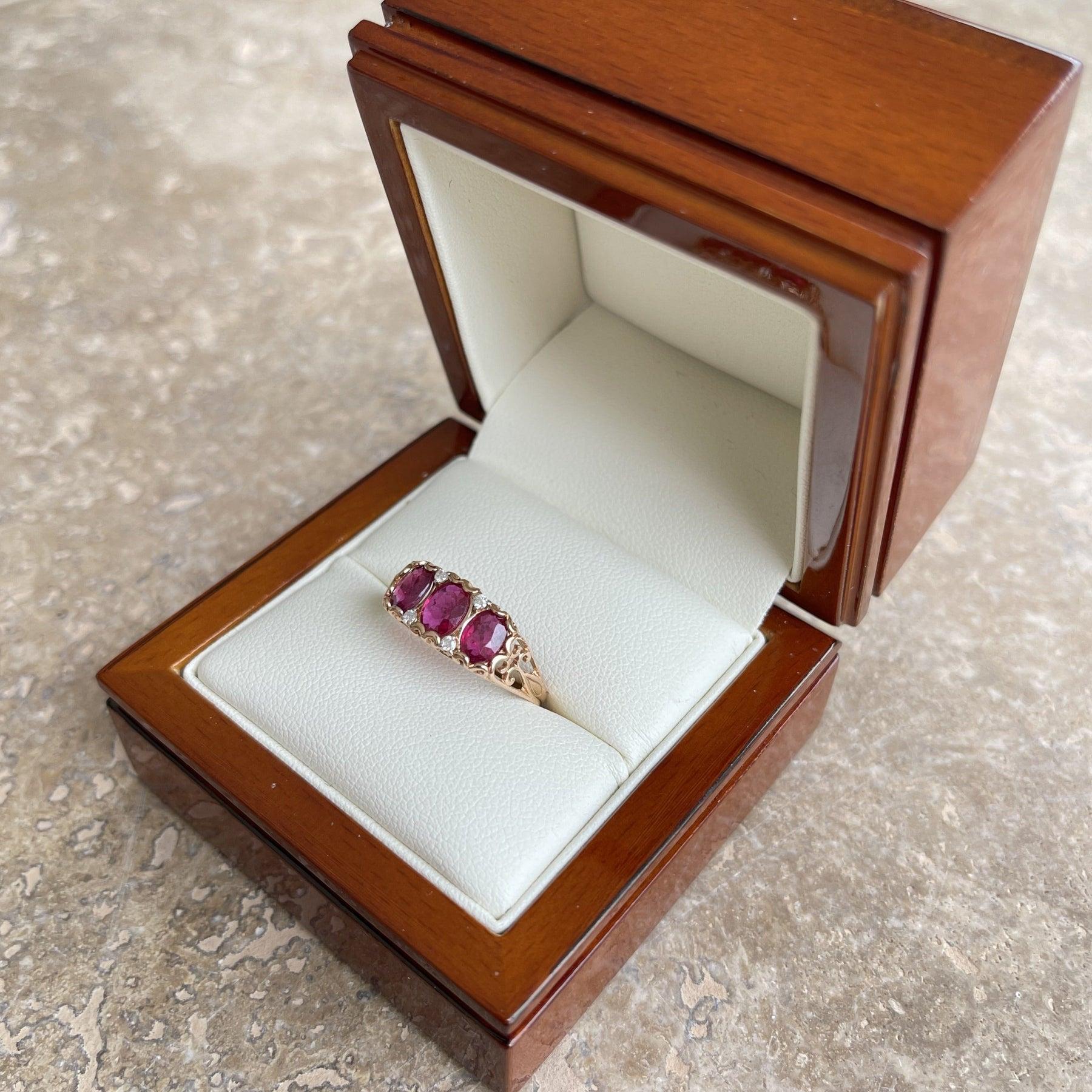For Sale:  18ct Rose Gold Ruby and Diamond Trilogy Ring 10