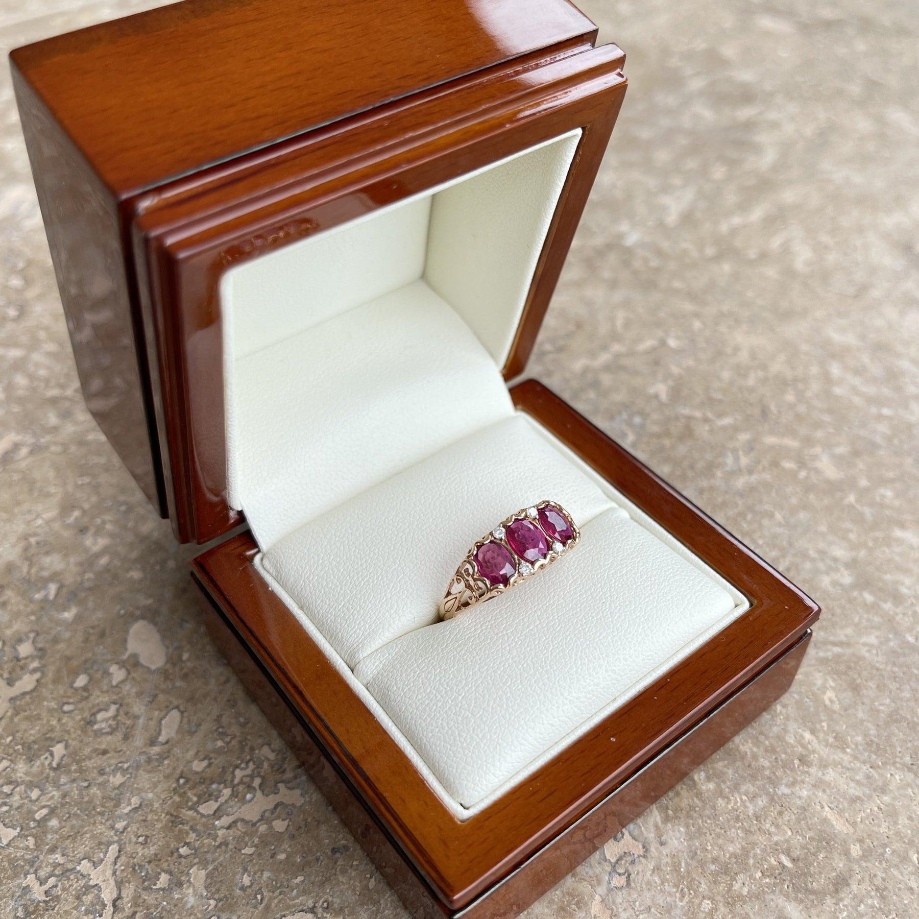 For Sale:  18ct Rose Gold Ruby and Diamond Trilogy Ring 11