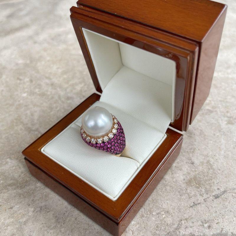 For Sale:  18ct Rose Gold South Sea Pearl and Ruby Ring 7