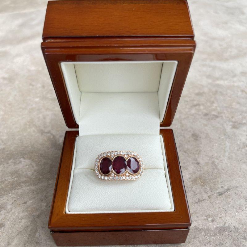 For Sale:  18ct Rose Gold Trilogy Ruby and Diamond Ring 7
