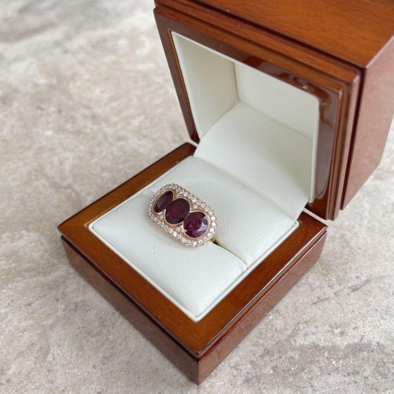 For Sale:  18ct Rose Gold Trilogy Ruby and Diamond Ring 8