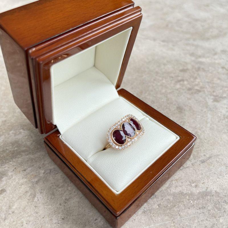 For Sale:  18ct Rose Gold Trilogy Ruby and Diamond Ring 9