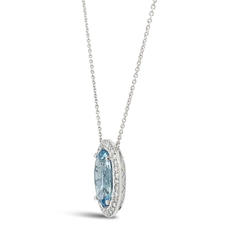 A fabulous one claw set oval shaped natural aquamarine centering natural single cut diamonds on a beautiful 18CT white gold necklace and pendant. 

Total Aquamarine Weight: 6.69ct
Aquamarine Colour/Grade: 