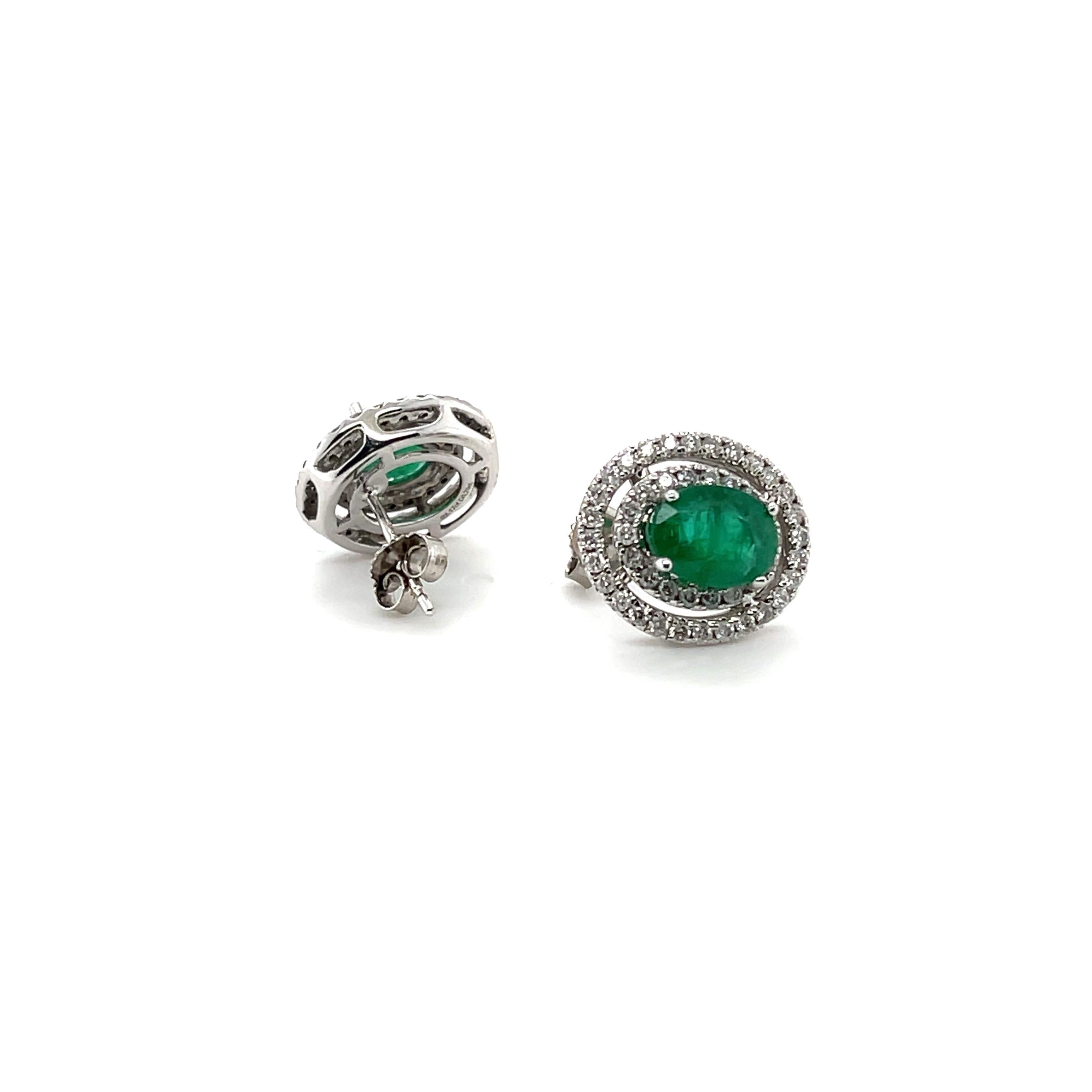 Contemporary Imperial Jewels 18ct White Gold Emerald and Diamond Stud Earrings For Sale