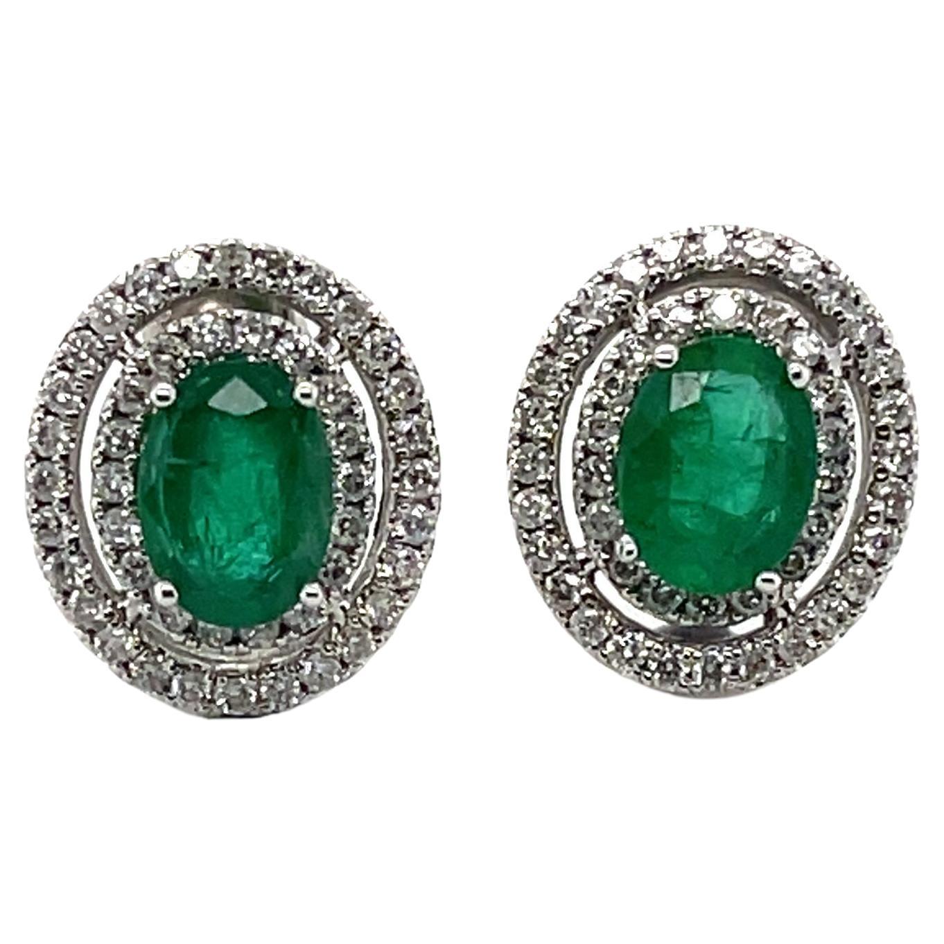 Imperial Jewels 18ct White Gold Emerald and Diamond Stud Earrings For Sale