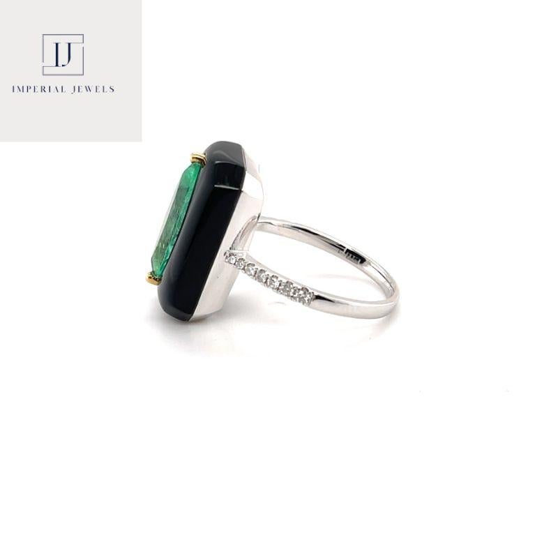For Sale:  18ct White Gold Marquise Colombian Emerald, Onyx & Diamond Ring 4