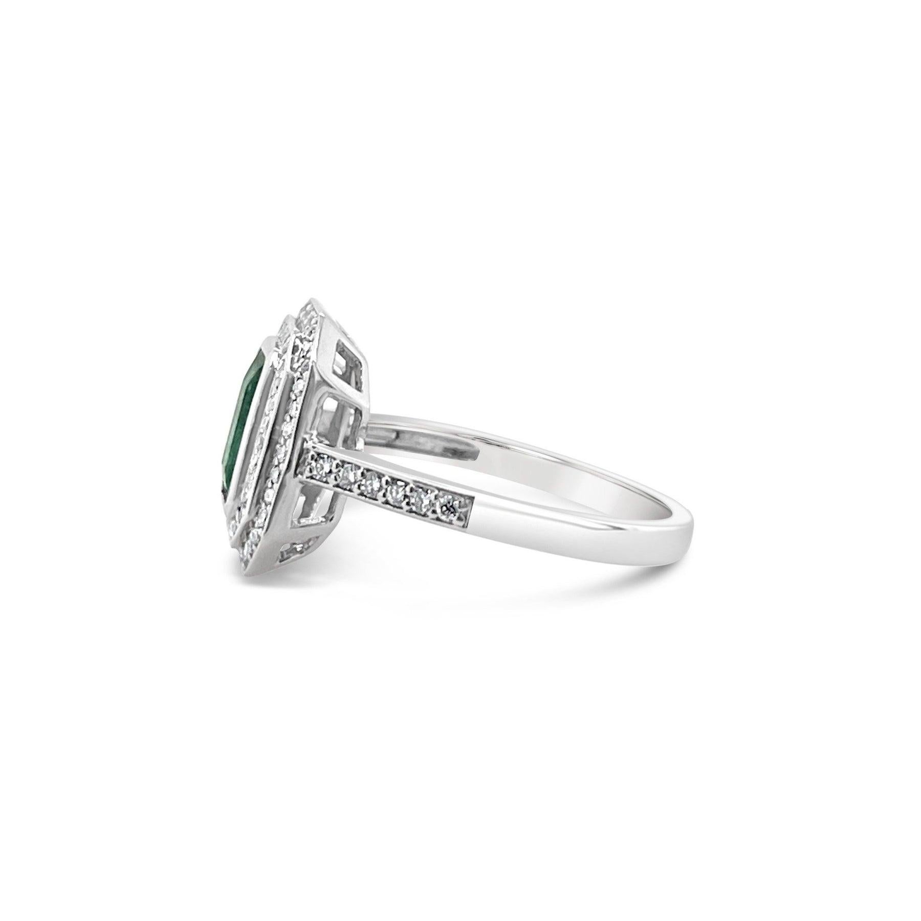 For Sale:  18ct White Gold Ring with 1.39ct Emerald and Diamond Ring 7