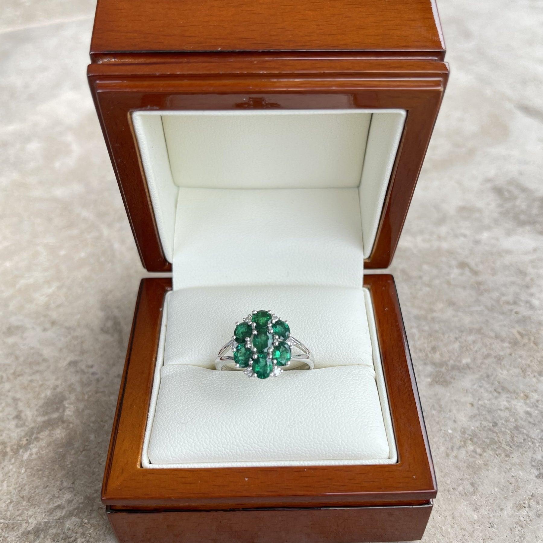 For Sale:  18ct White Gold Seven Stone Emerald and Diamond Ring 7