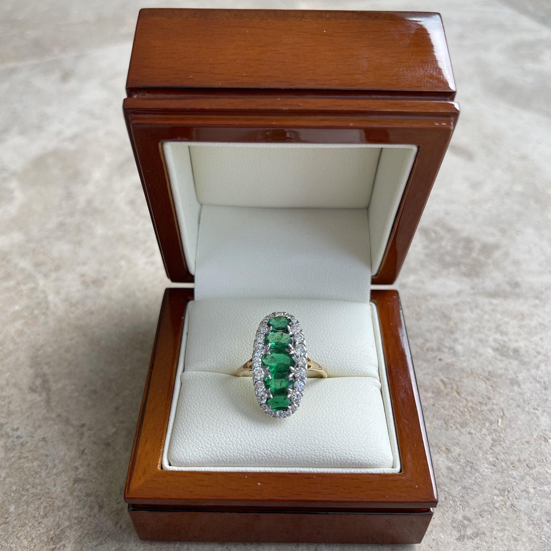 For Sale:  18ct Yellow Gold 5 Stone Emerald and Diamond Navette Dress Ring 8