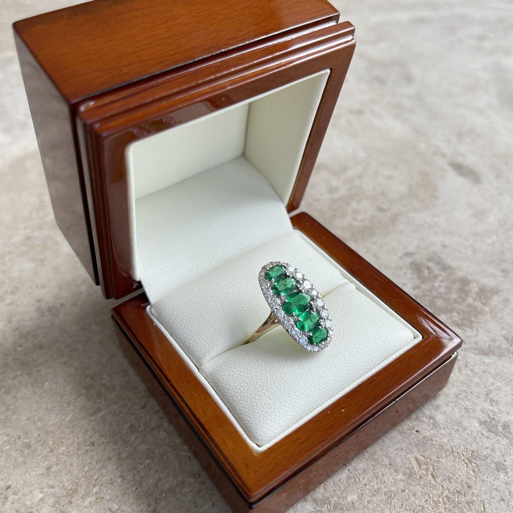 For Sale:  18ct Yellow Gold 5 Stone Emerald and Diamond Navette Dress Ring 9