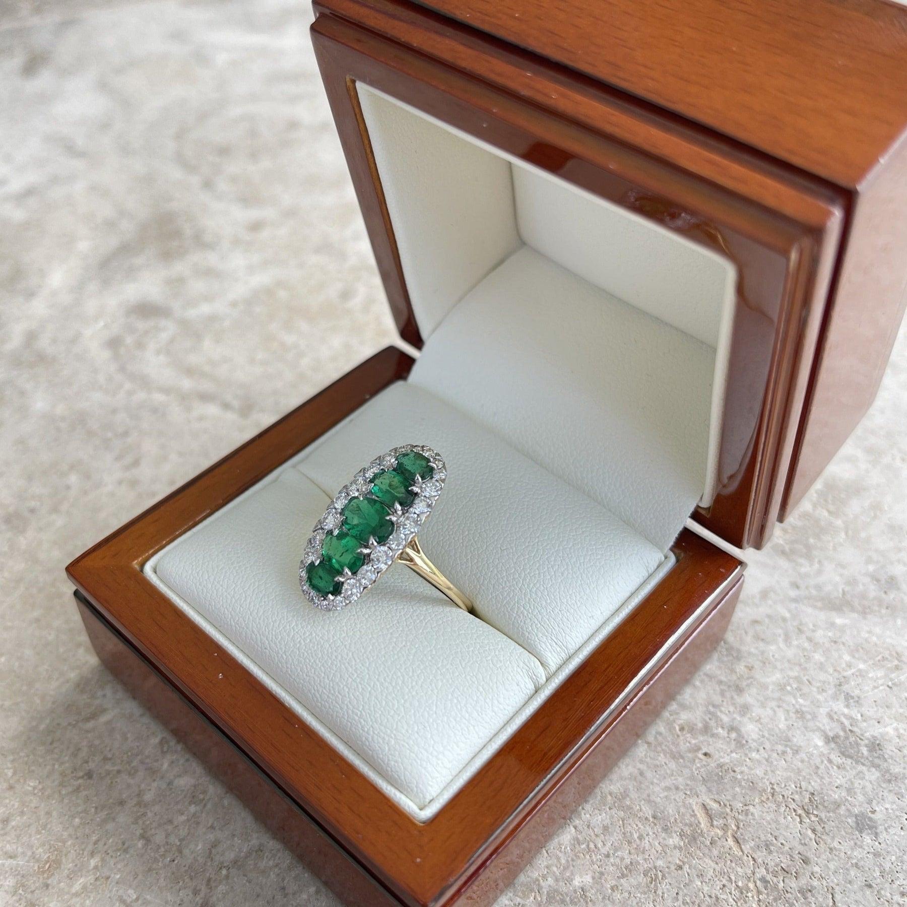 For Sale:  18ct Yellow Gold 5 Stone Emerald and Diamond Navette Dress Ring 10