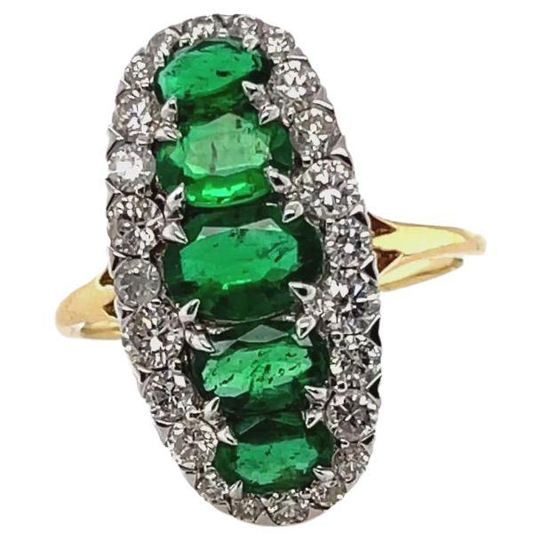 For Sale:  18ct Yellow Gold 5 Stone Emerald and Diamond Navette Dress Ring 6