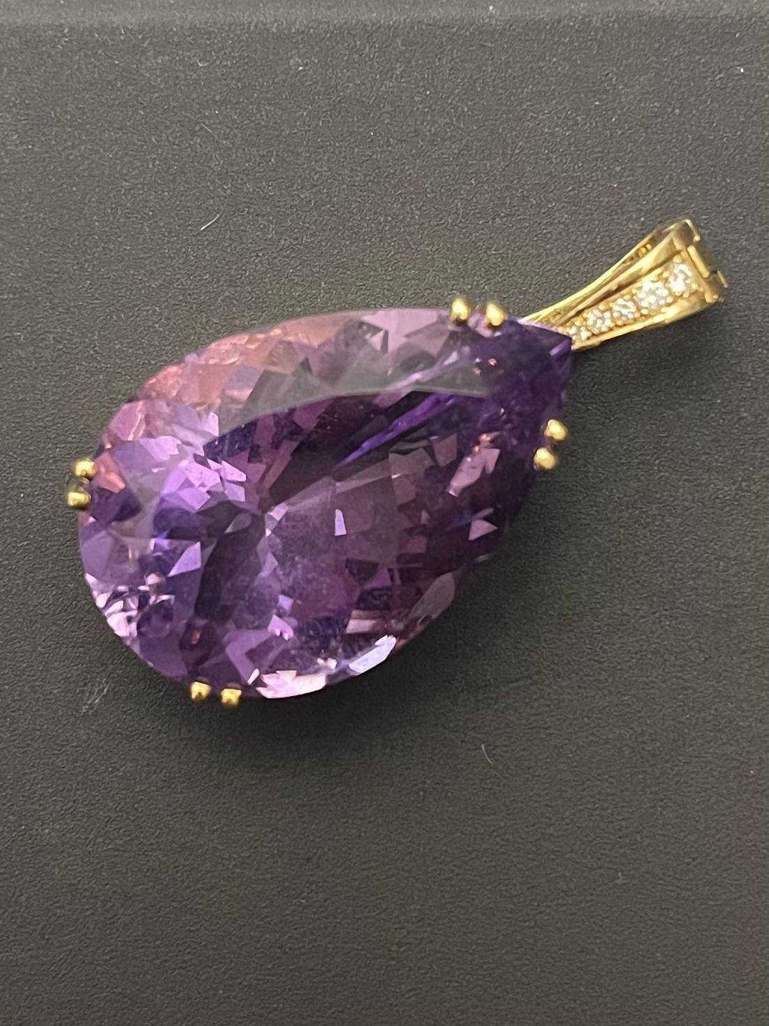 Pear Cut 18ct Yellow Gold Amethyst and Diamond Pendant For Sale