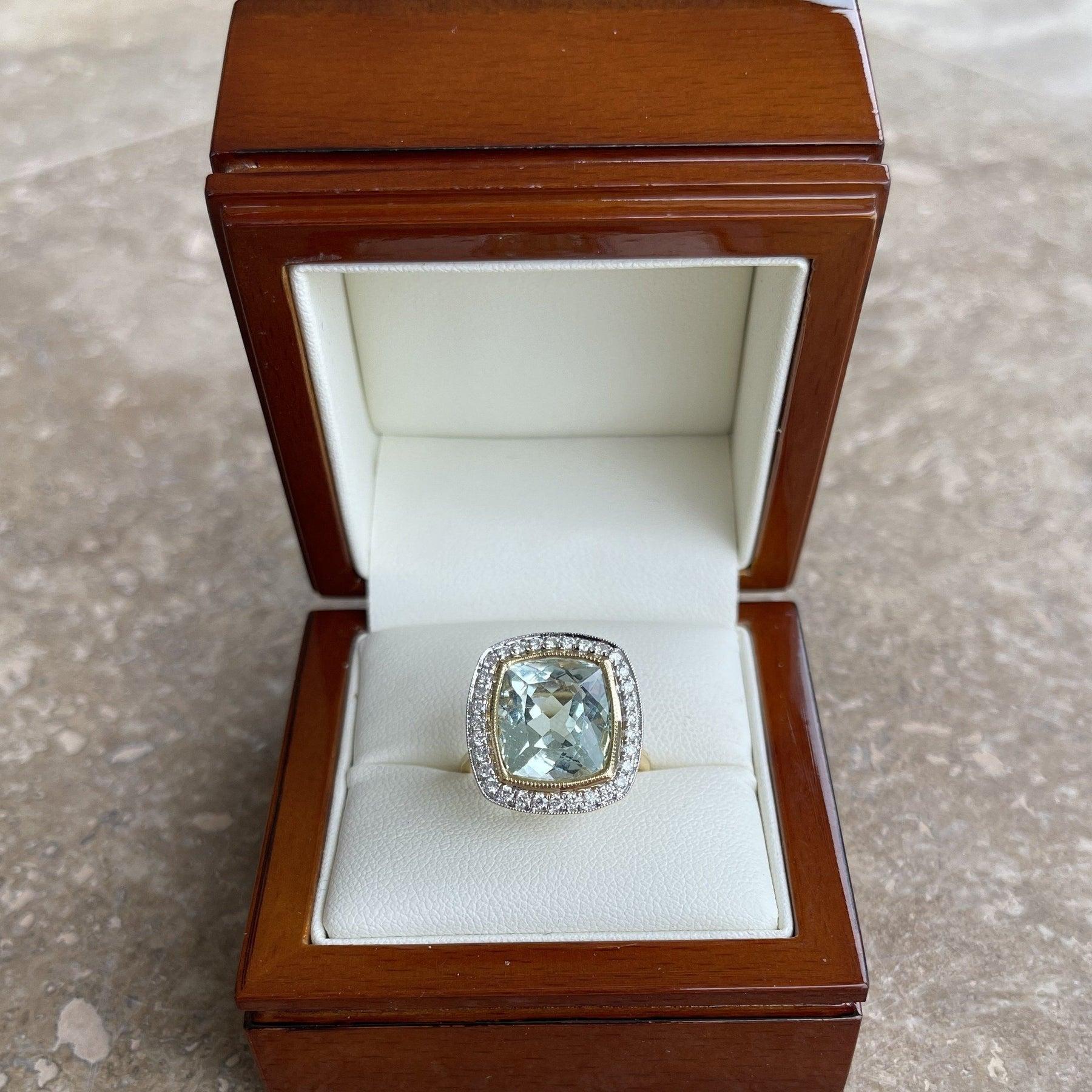 For Sale:  18ct Yellow Gold Aquamarine and Diamond Ring 8