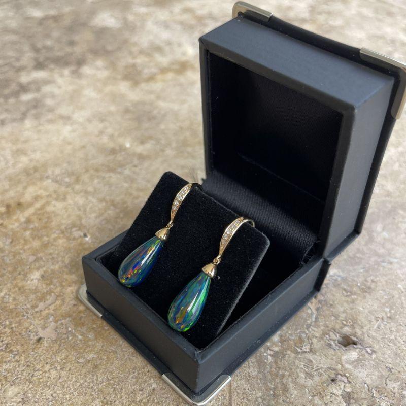 Contemporary 18ct Yellow Gold Black Opal and Diamond Earrings