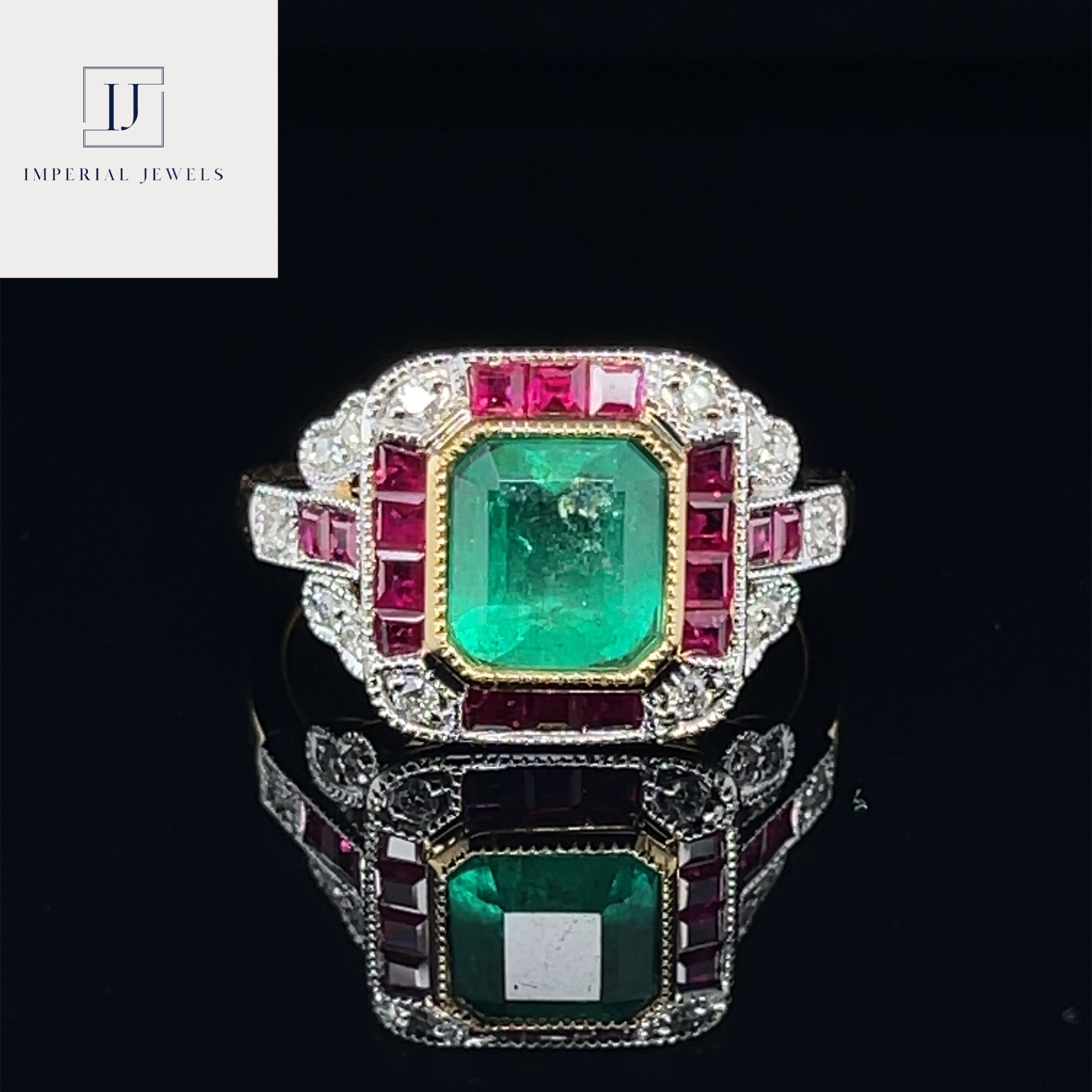 For Sale:  Imperial Jewels 18ct Yellow Gold Colombian Emerald and Ruby Ring 6