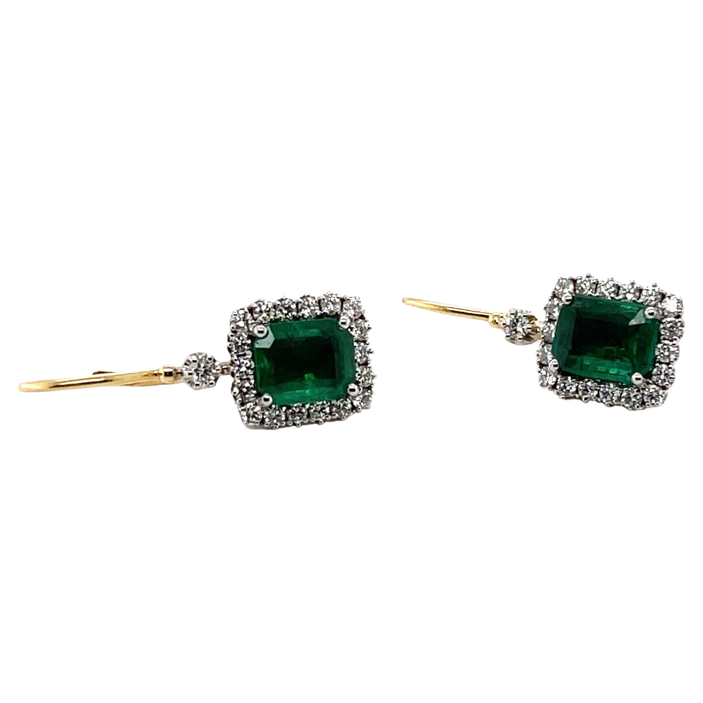Emerald Cut Imperial Jewels 18ct Yellow Gold Emerald and Diamond Earrings For Sale