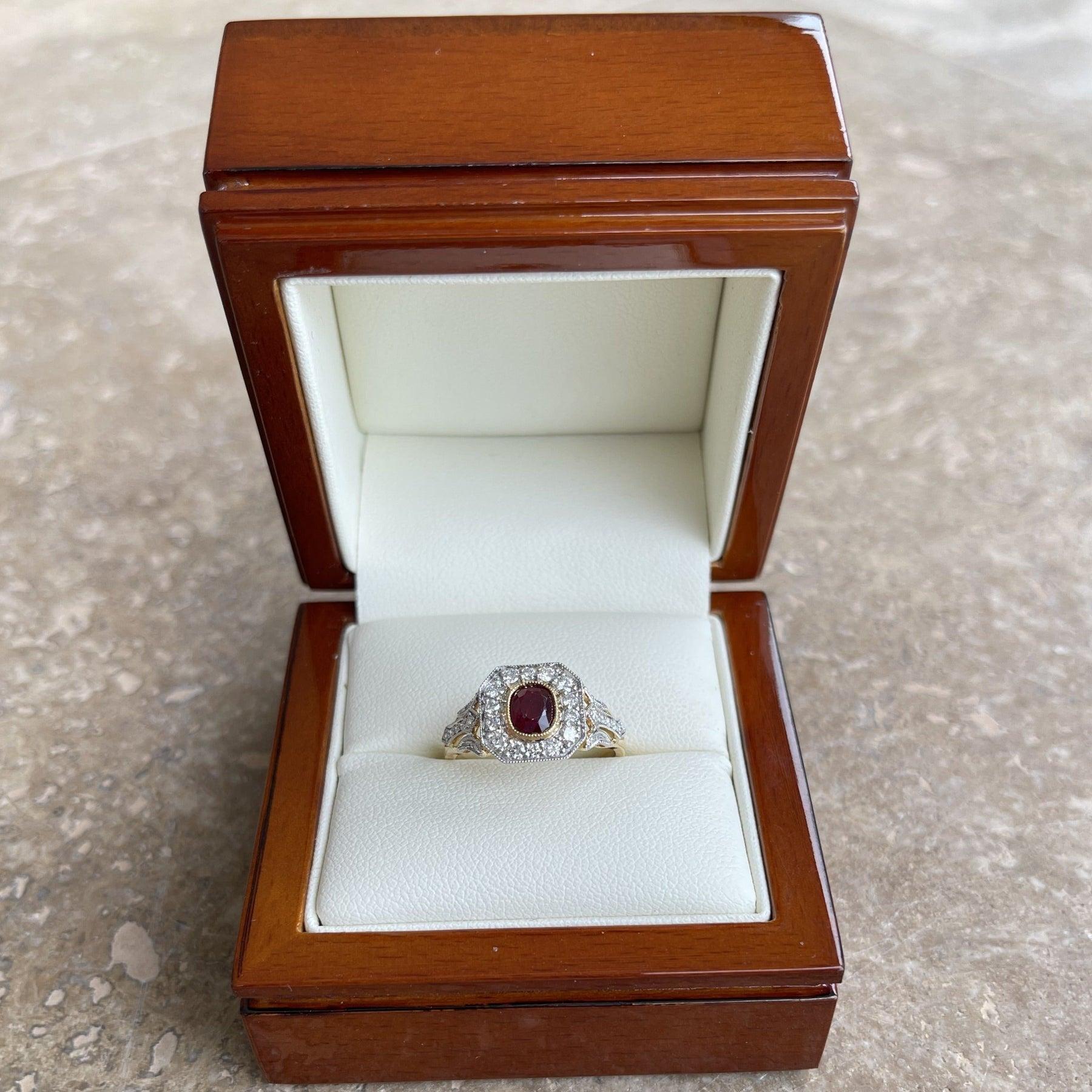 For Sale:  18ct Yellow Gold 'No Heat' Gold Ruby and Diamond Ring 8